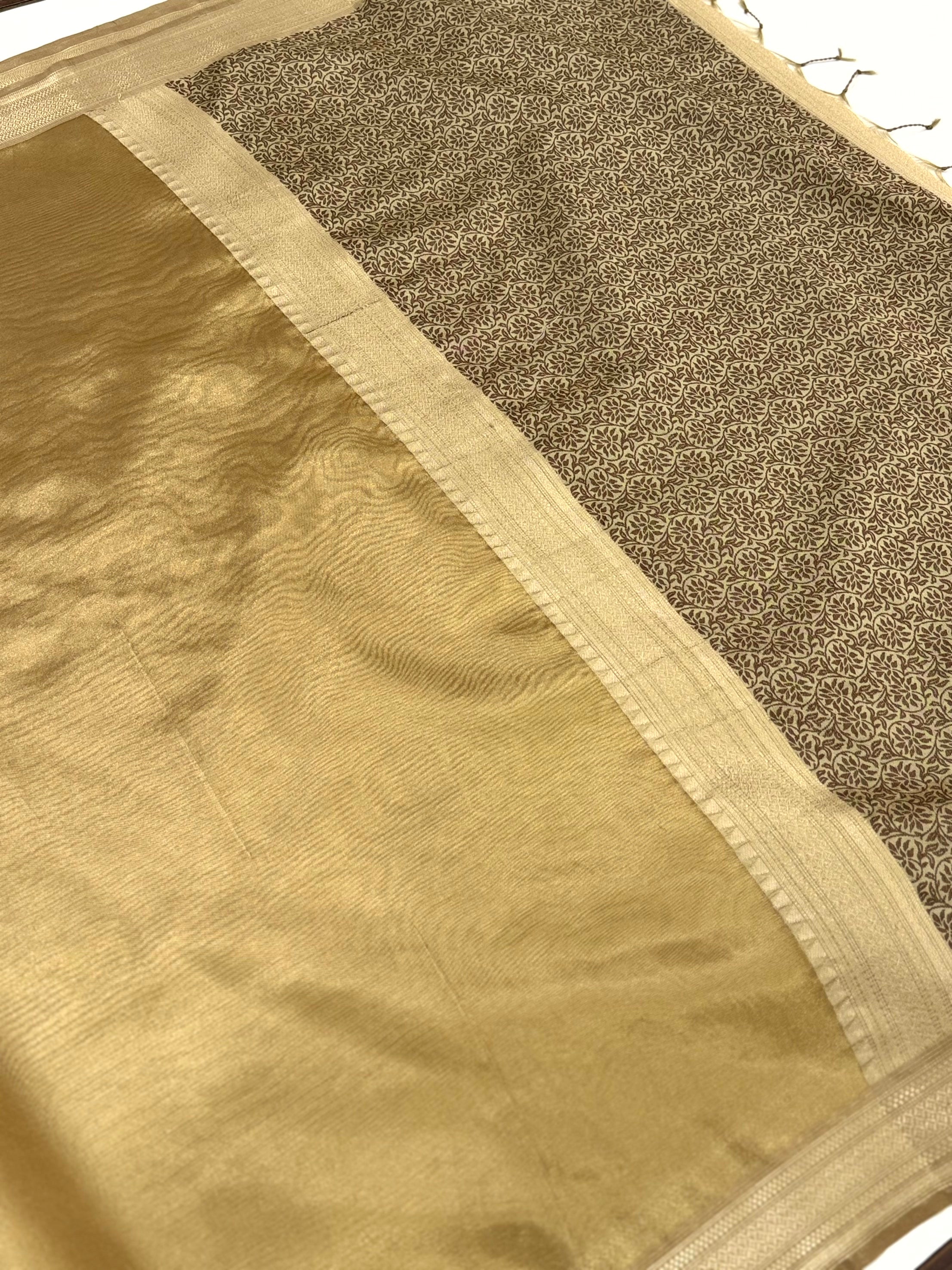 Radiant Brown Gold Zari Tissue Saree