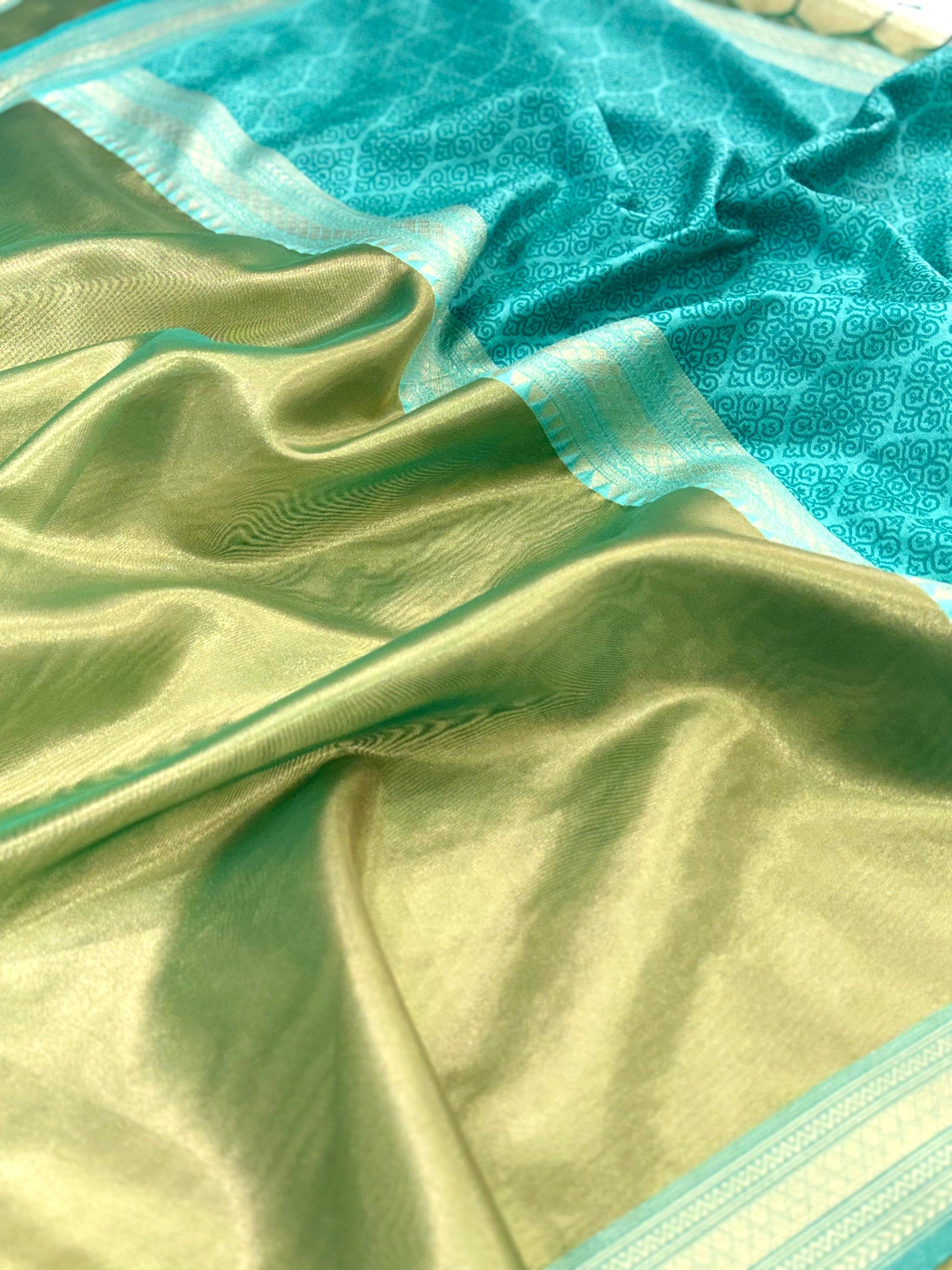 Elegant Sky Blue Gold Zari Tissue Saree