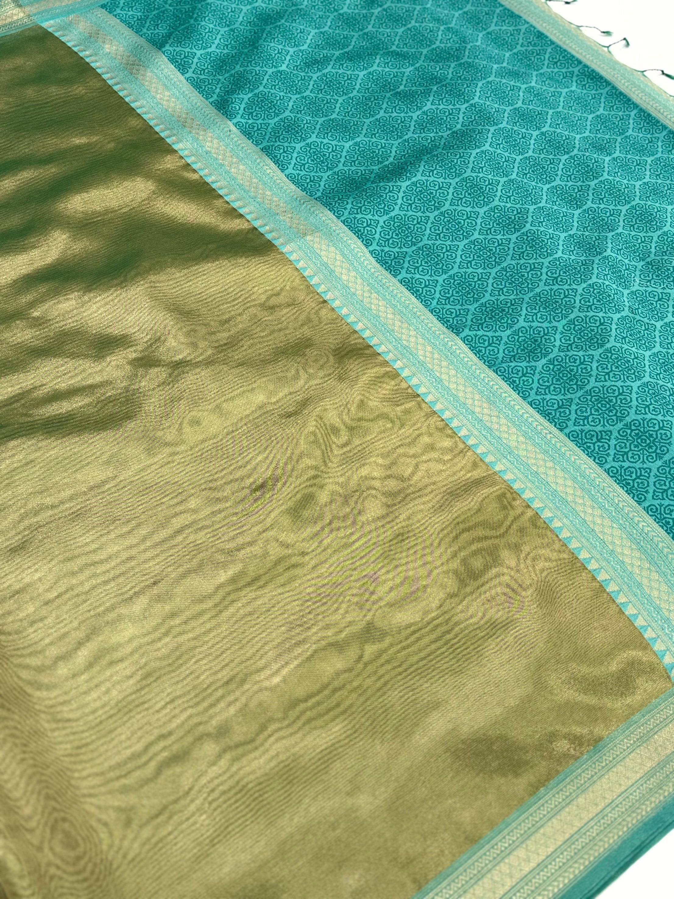 Elegant Sky Blue Gold Zari Tissue Saree