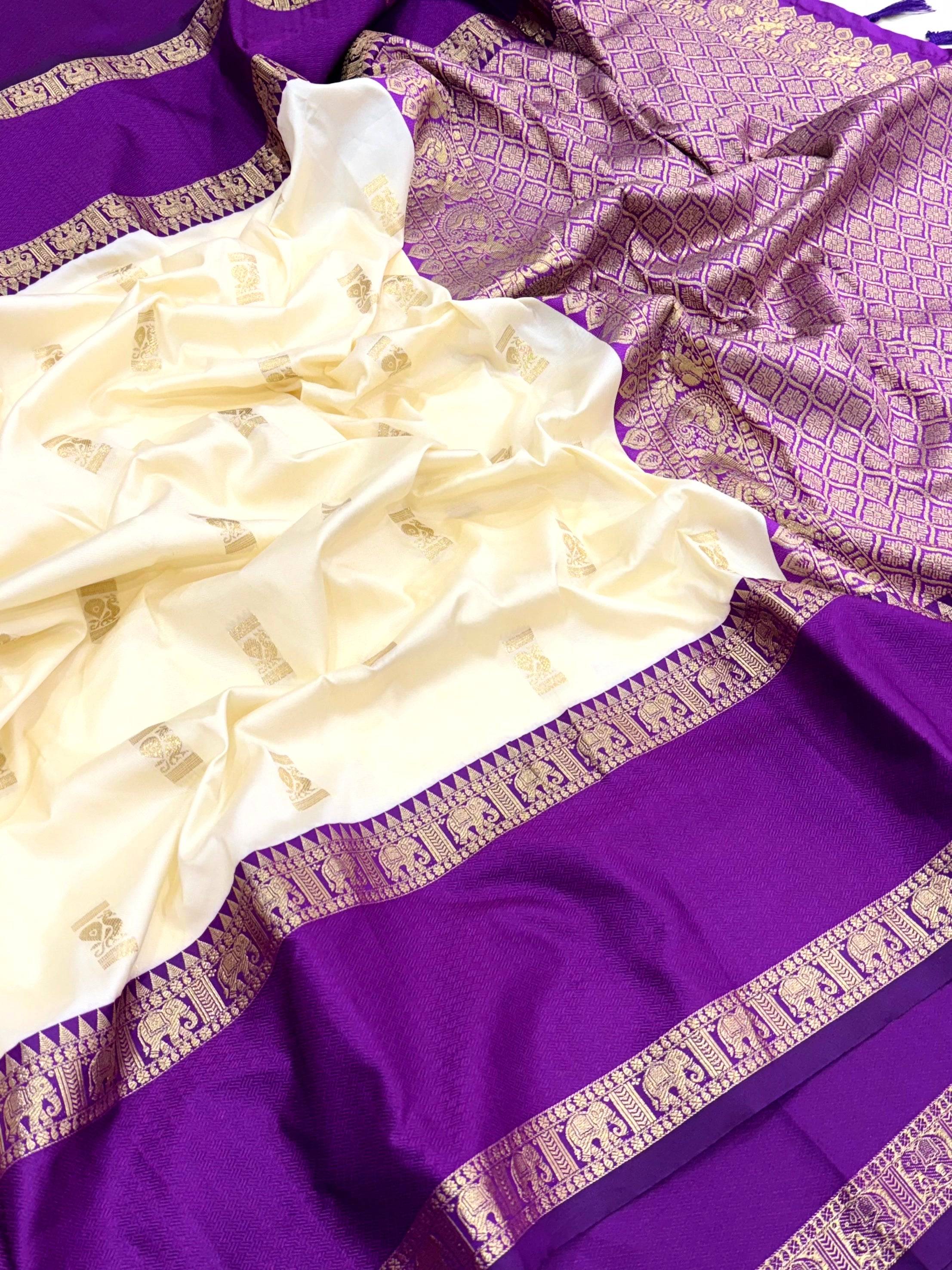 White Gadhwal Pure Soft Silk Saree