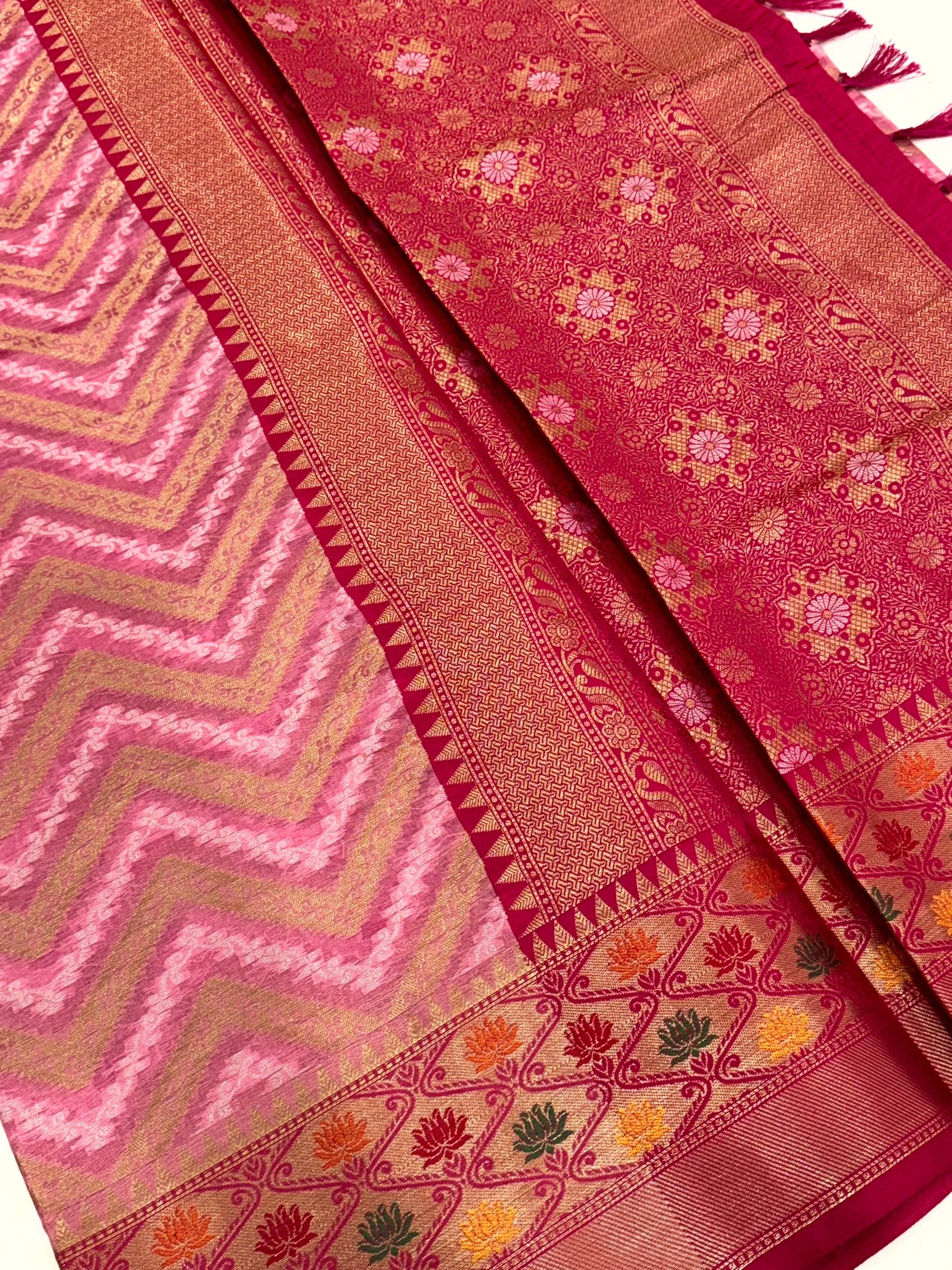 Baby Pink Banarasi Zic Zac Katan Silk Saree