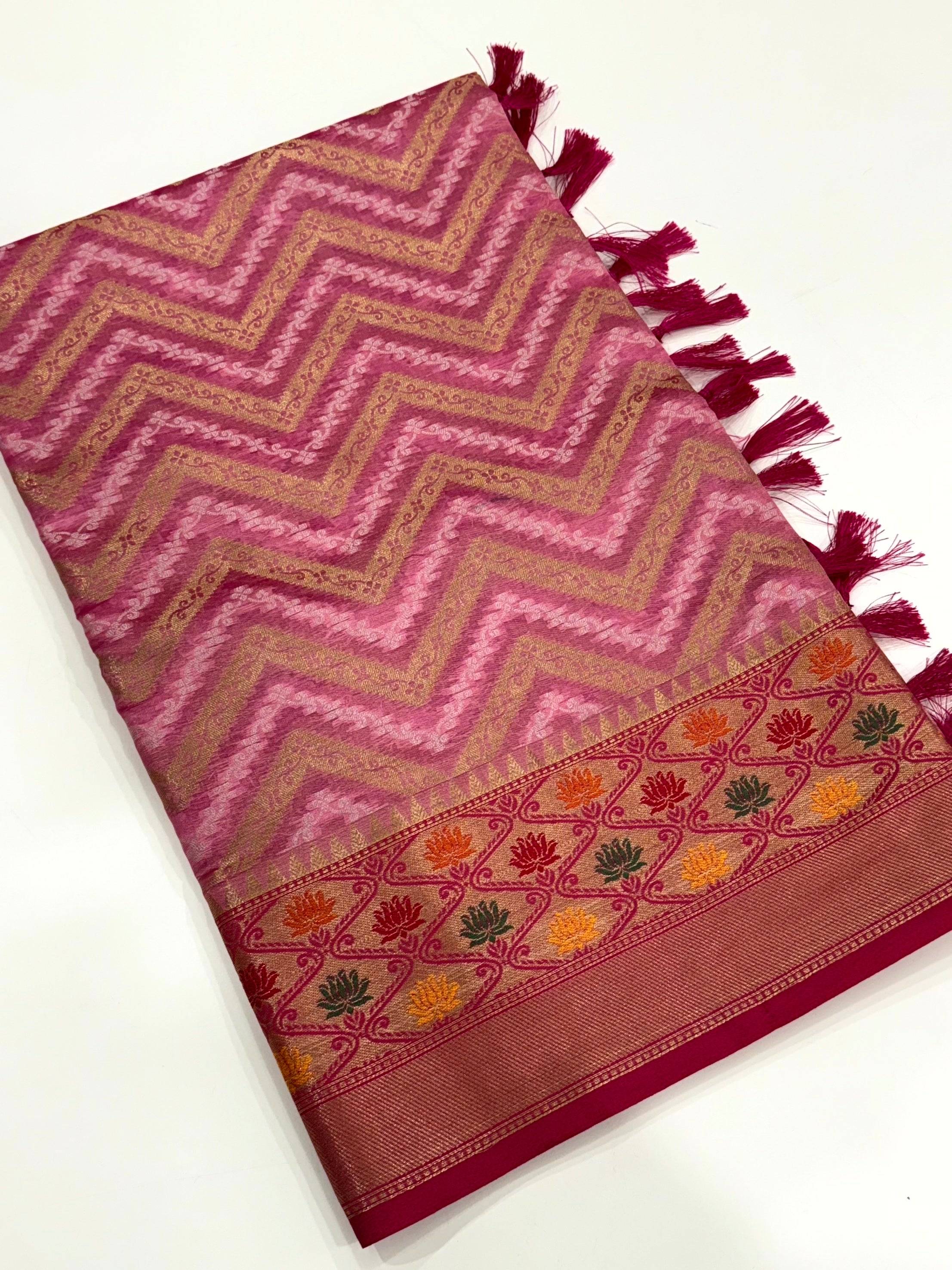 Baby Pink Banarasi Zic Zac Katan Silk Saree