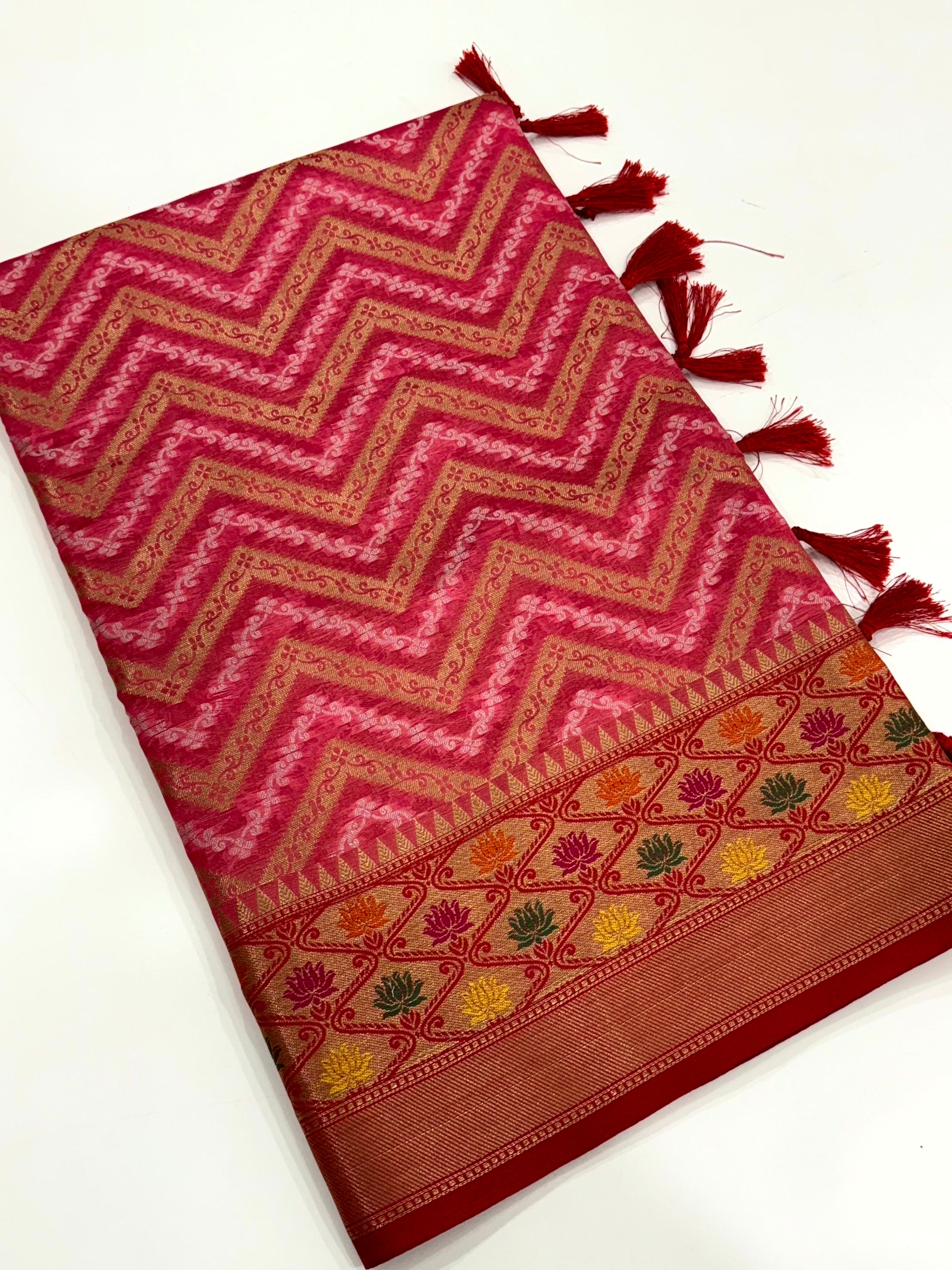 Pink Banarasi Zic Zac Katan Silk Saree