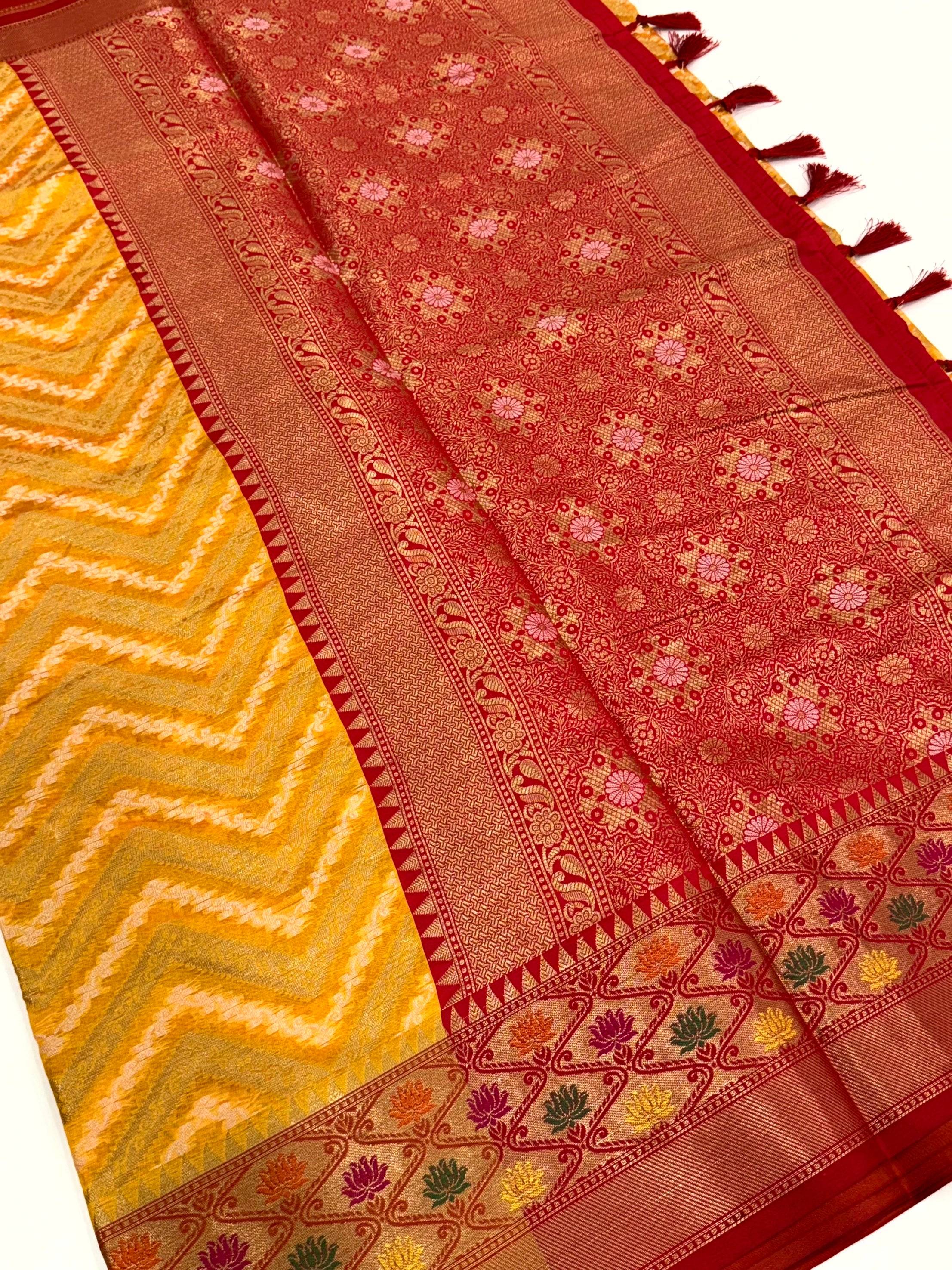 Yellow Banarasi Zic Zac Katan Silk Saree
