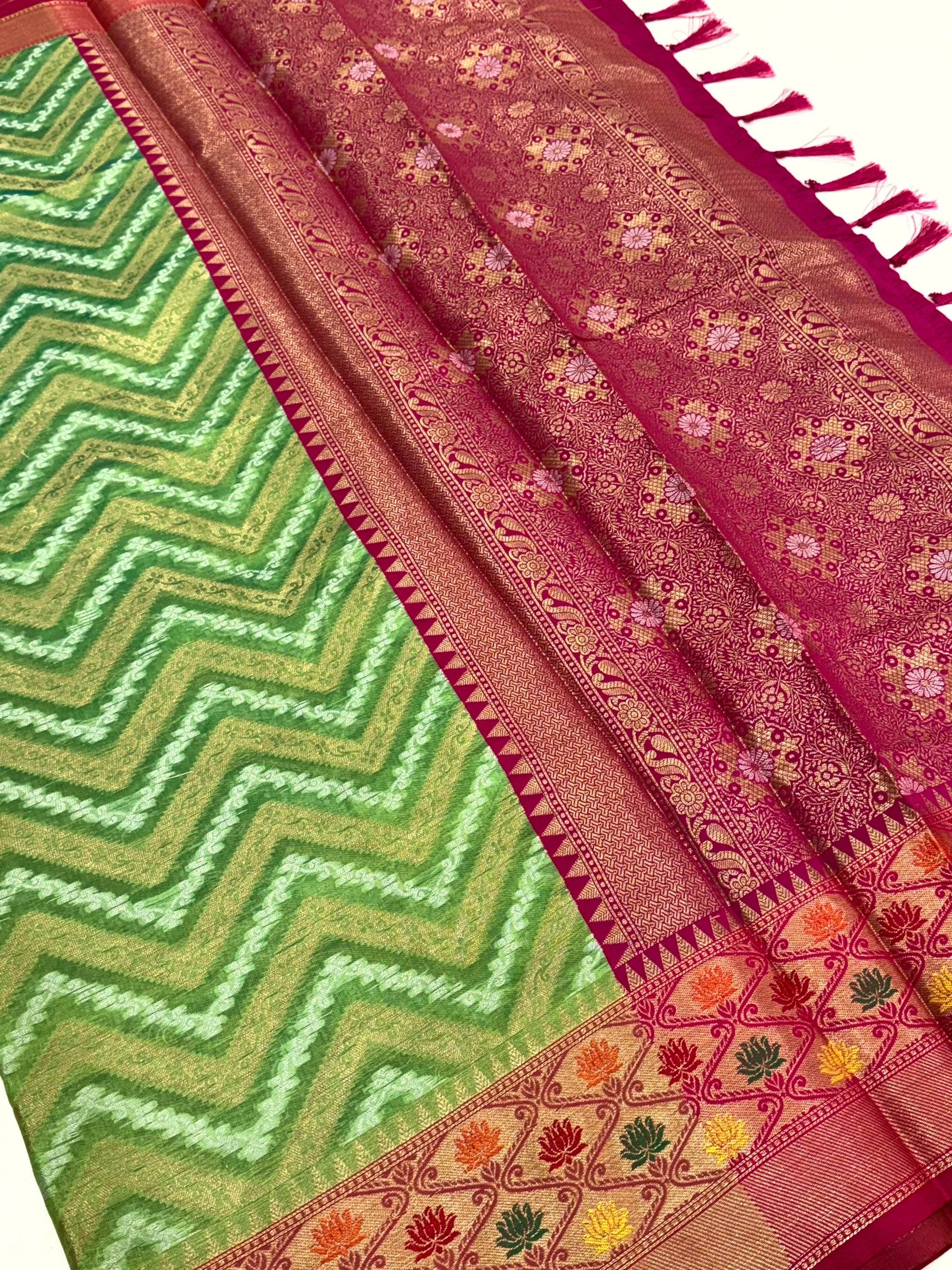 Green Banarasi Zic Zac Katan Silk Saree