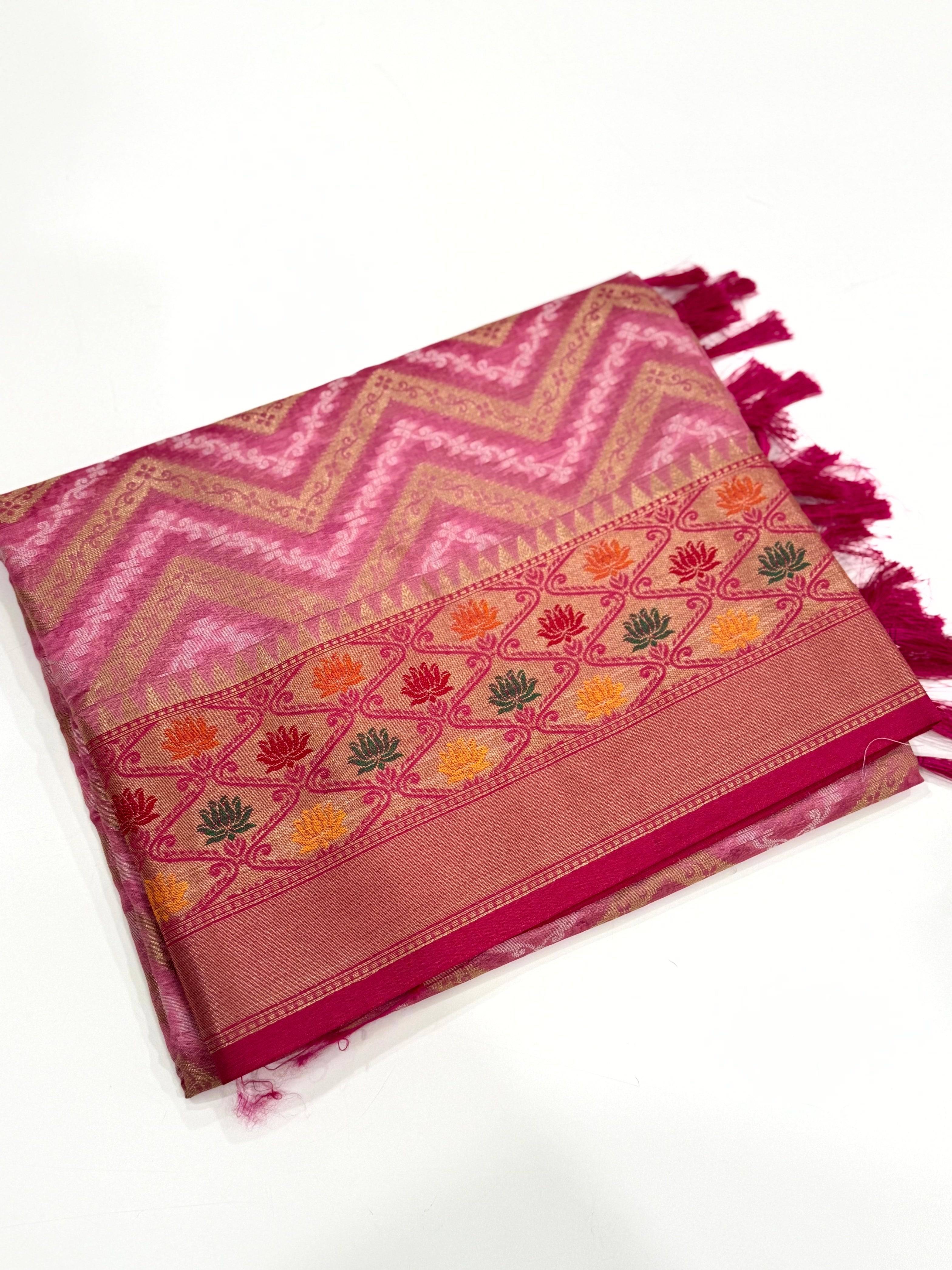 Baby Pink Banarasi Zic Zac Katan Silk Saree