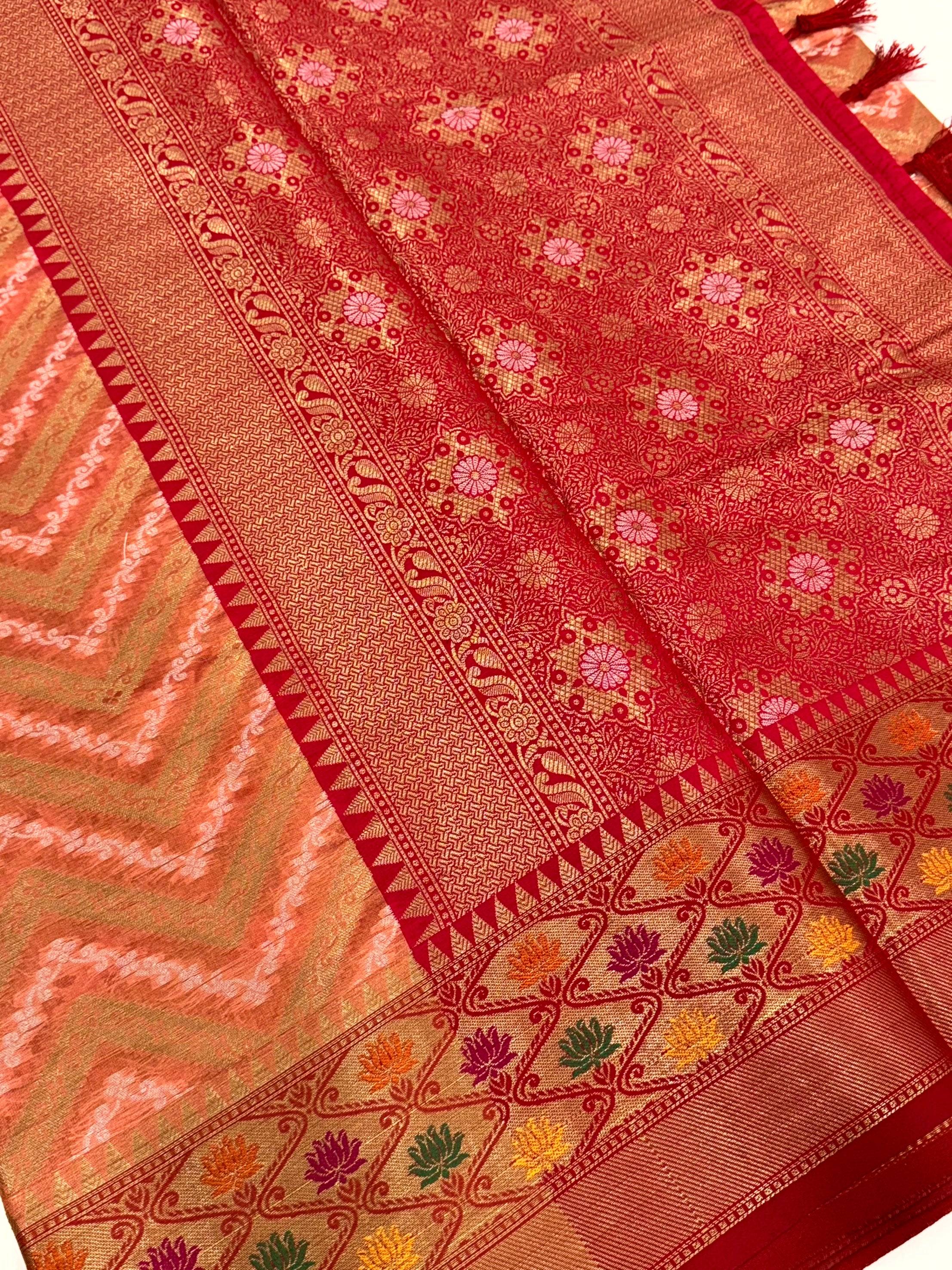 Peach Banarasi Zic Zac Katan Silk Saree