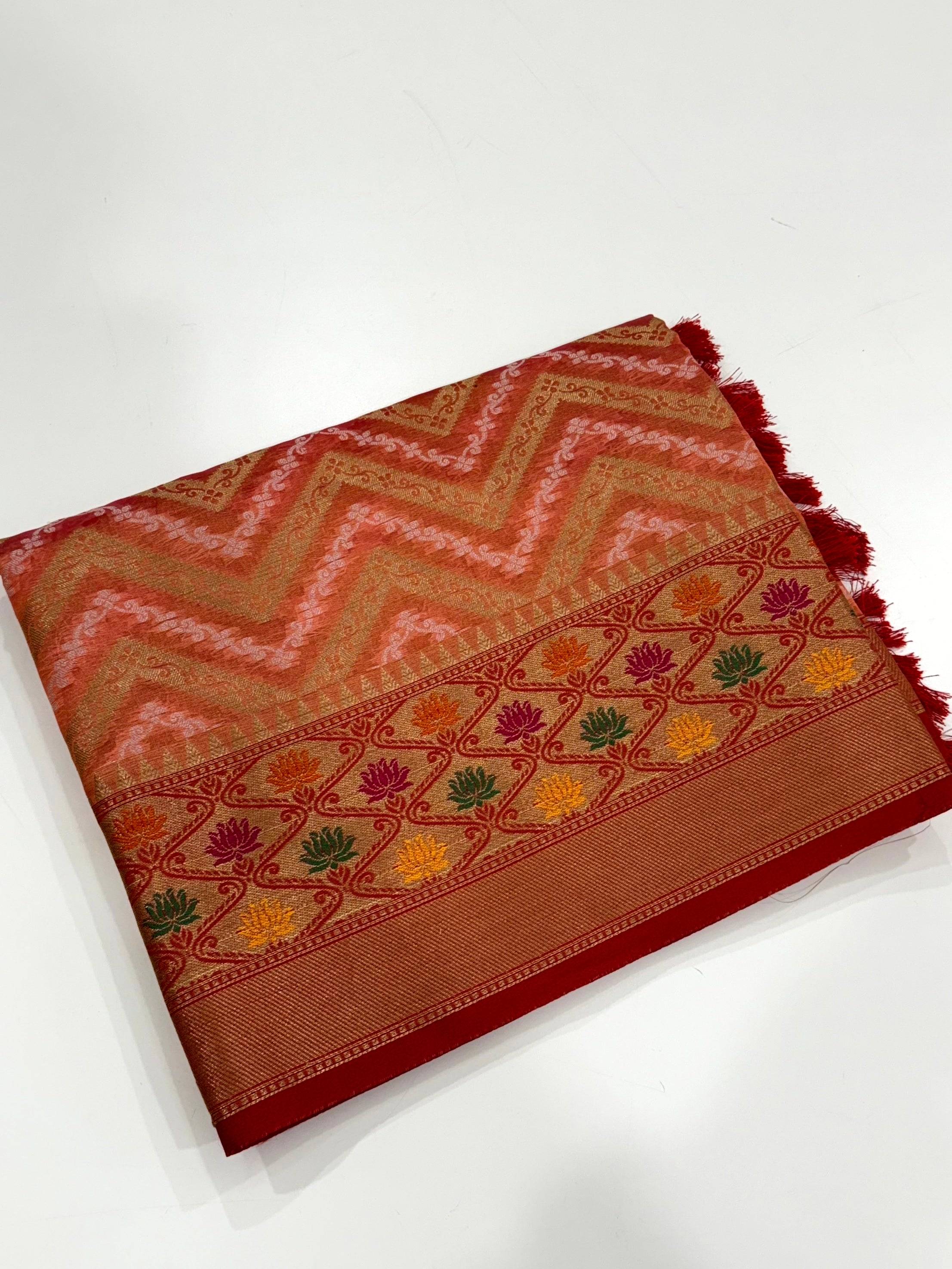 Peach Banarasi Zic Zac Katan Silk Saree