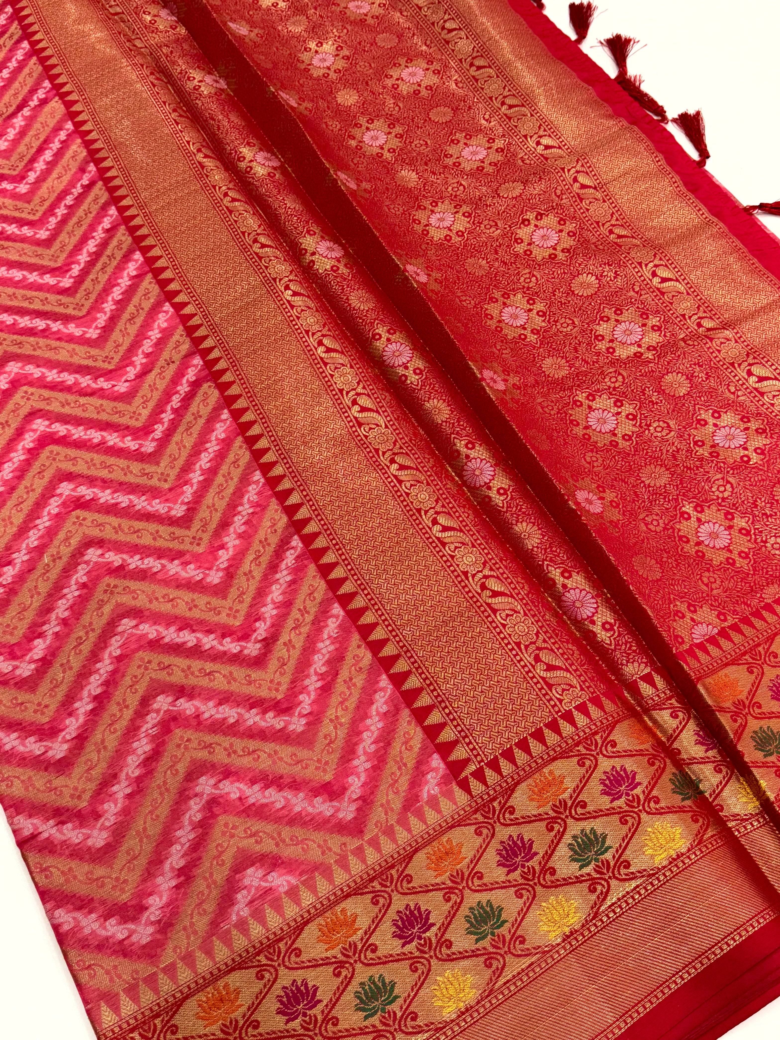 Pink Banarasi Zic Zac Katan Silk Saree