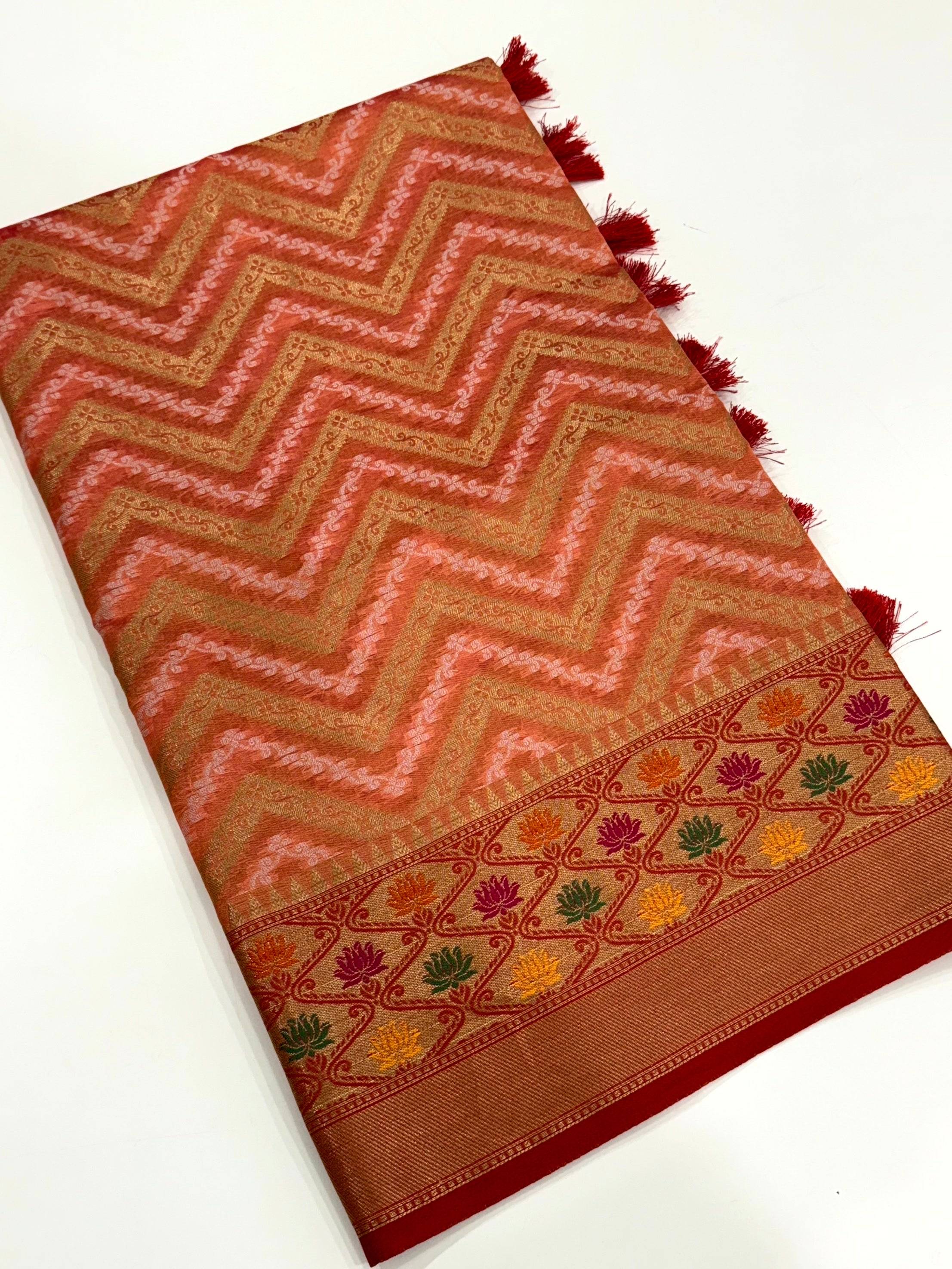 Peach Banarasi Zic Zac Katan Silk Saree