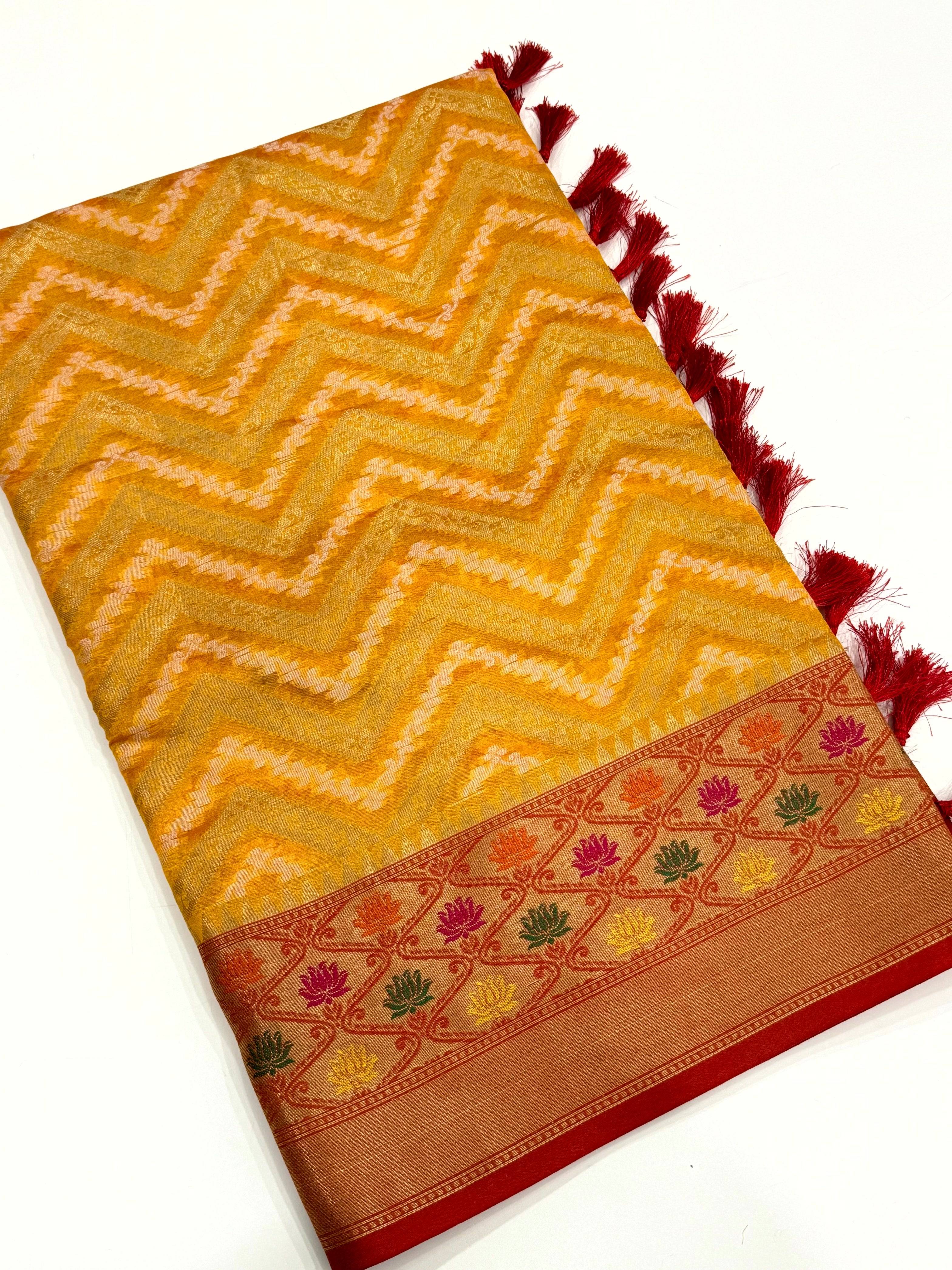 Yellow Banarasi Zic Zac Katan Silk Saree