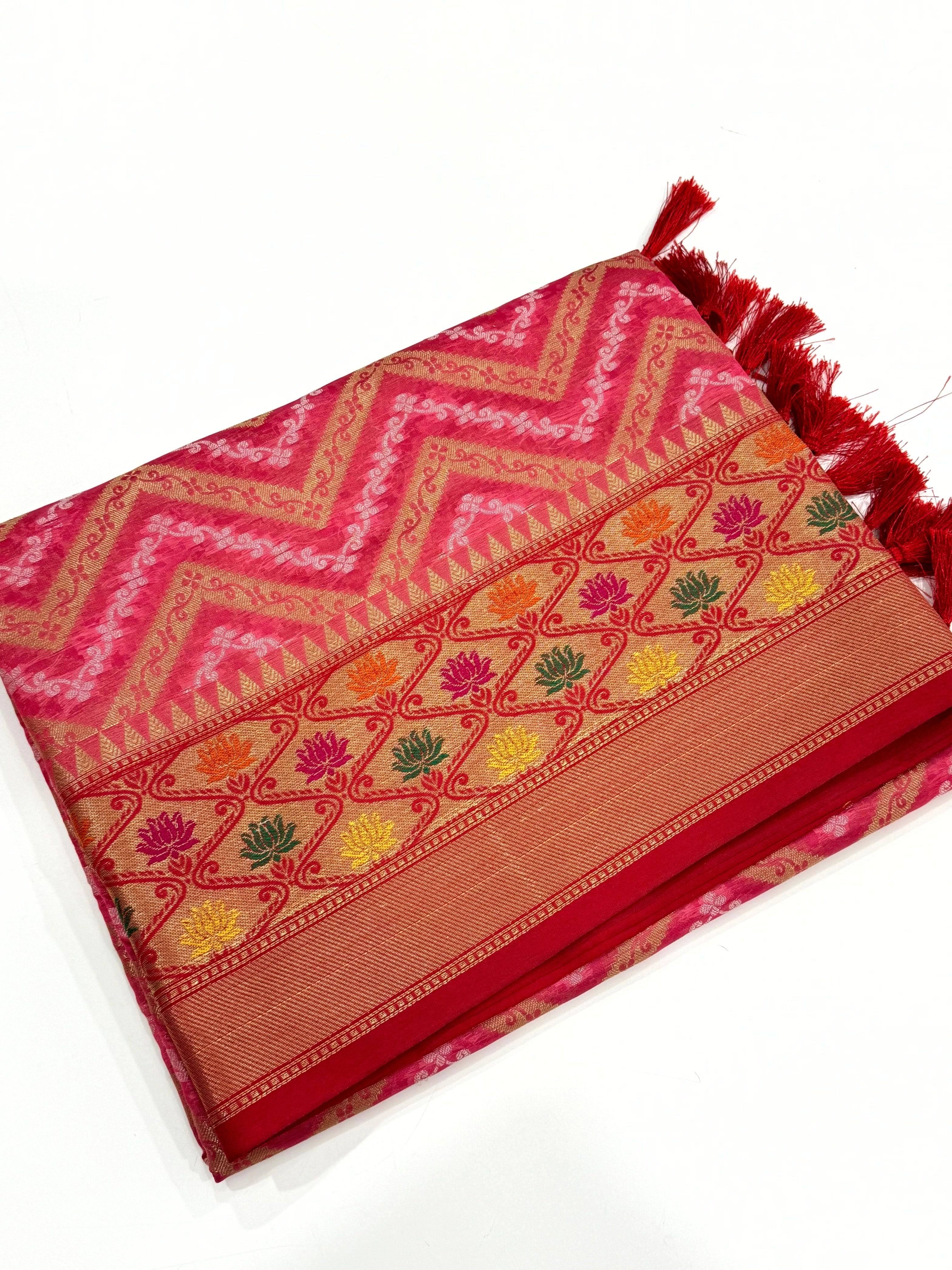 Pink Banarasi Zic Zac Katan Silk Saree