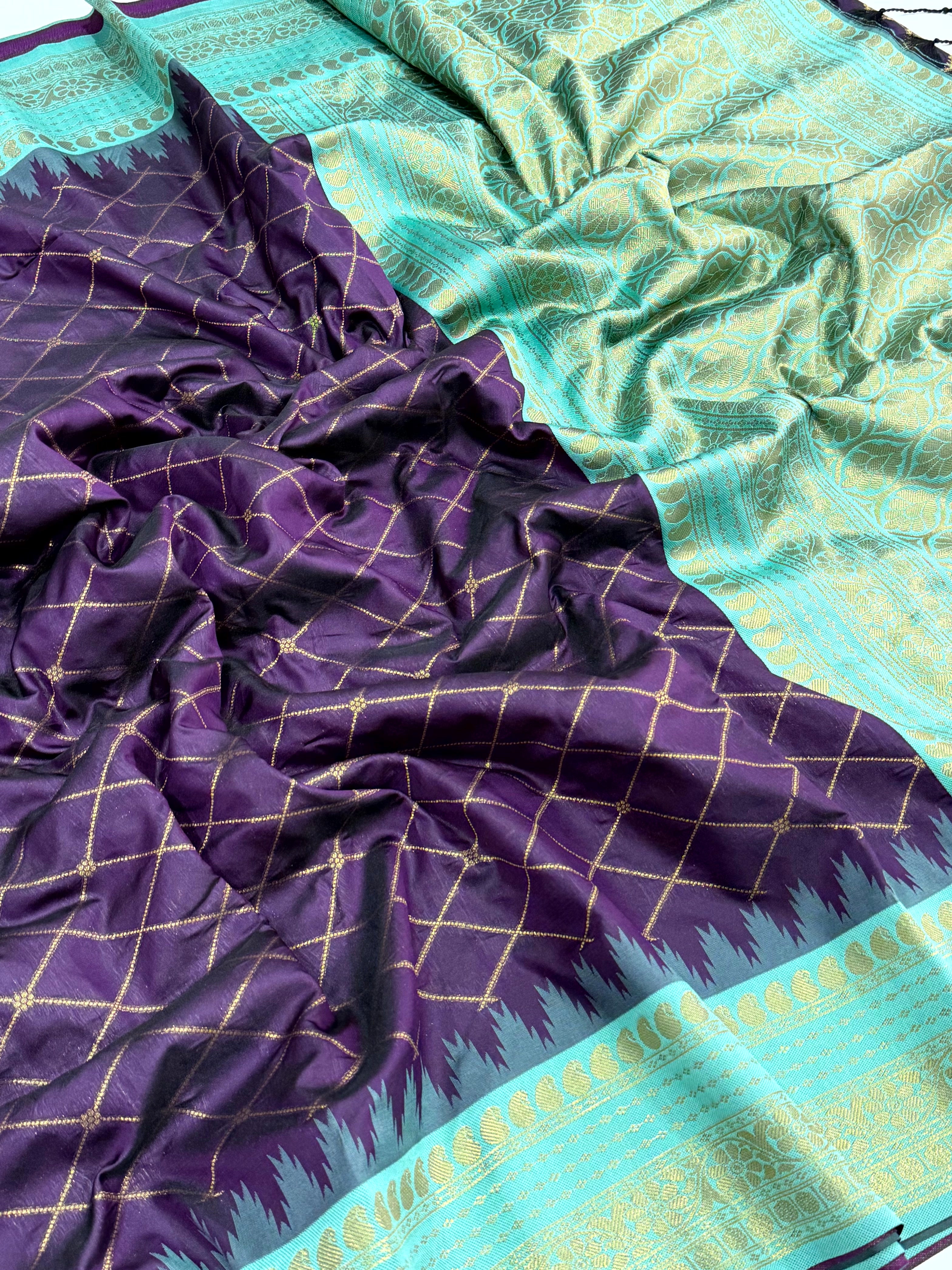 Wine Gold Zari Chex Soft Silk Saree