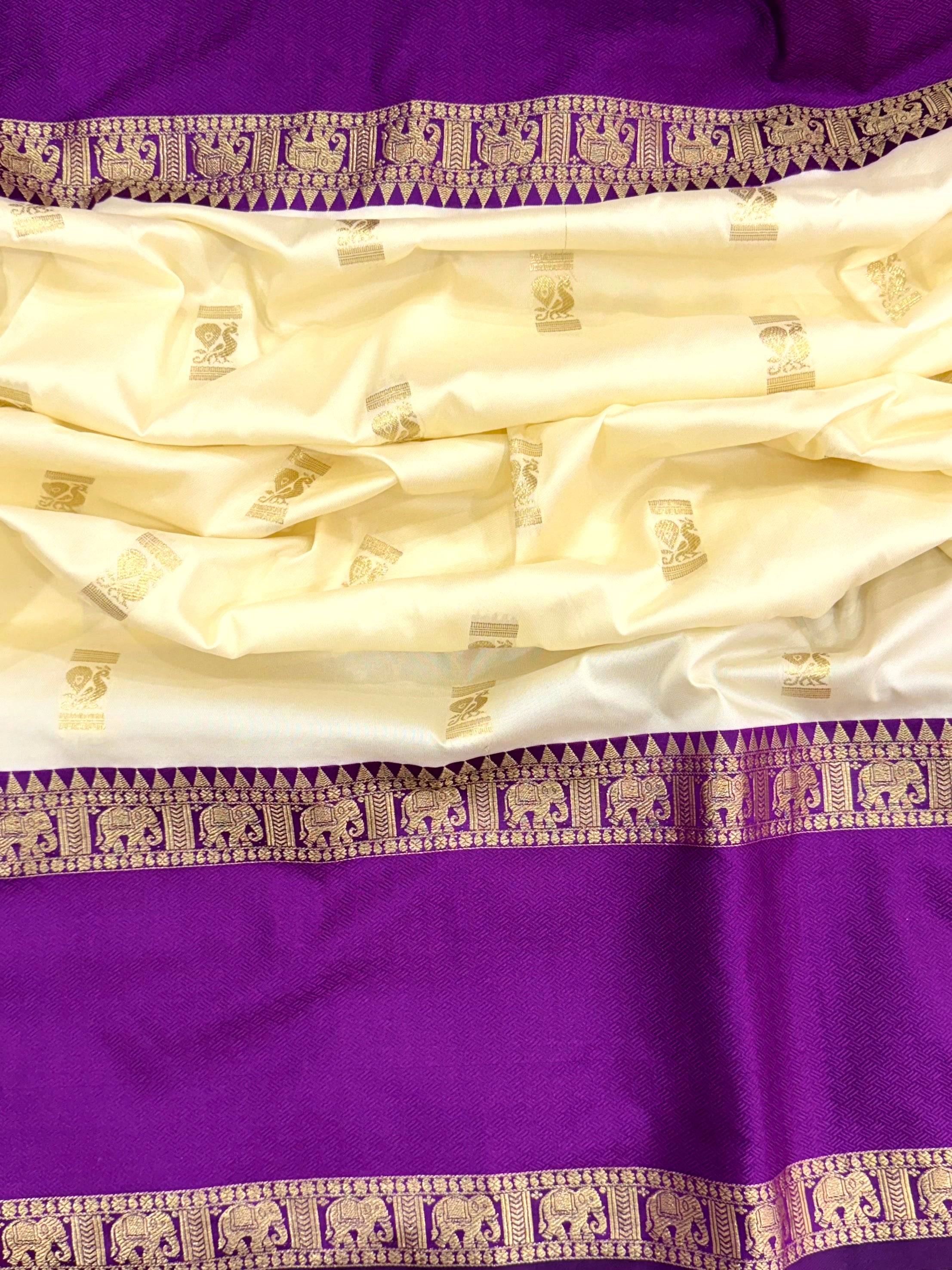 White Gadhwal Pure Soft Silk Saree