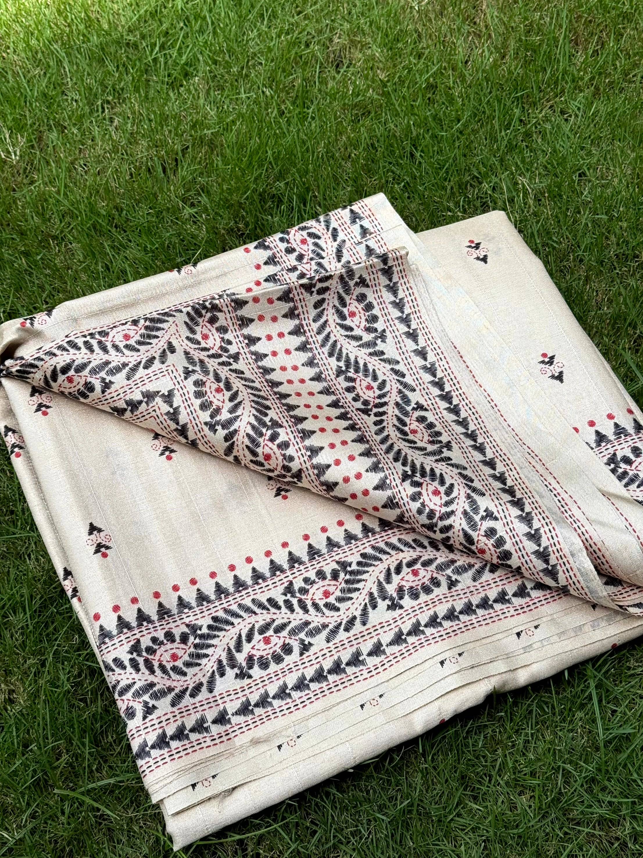 Cream Tussar Silk Madhubani Print Saree