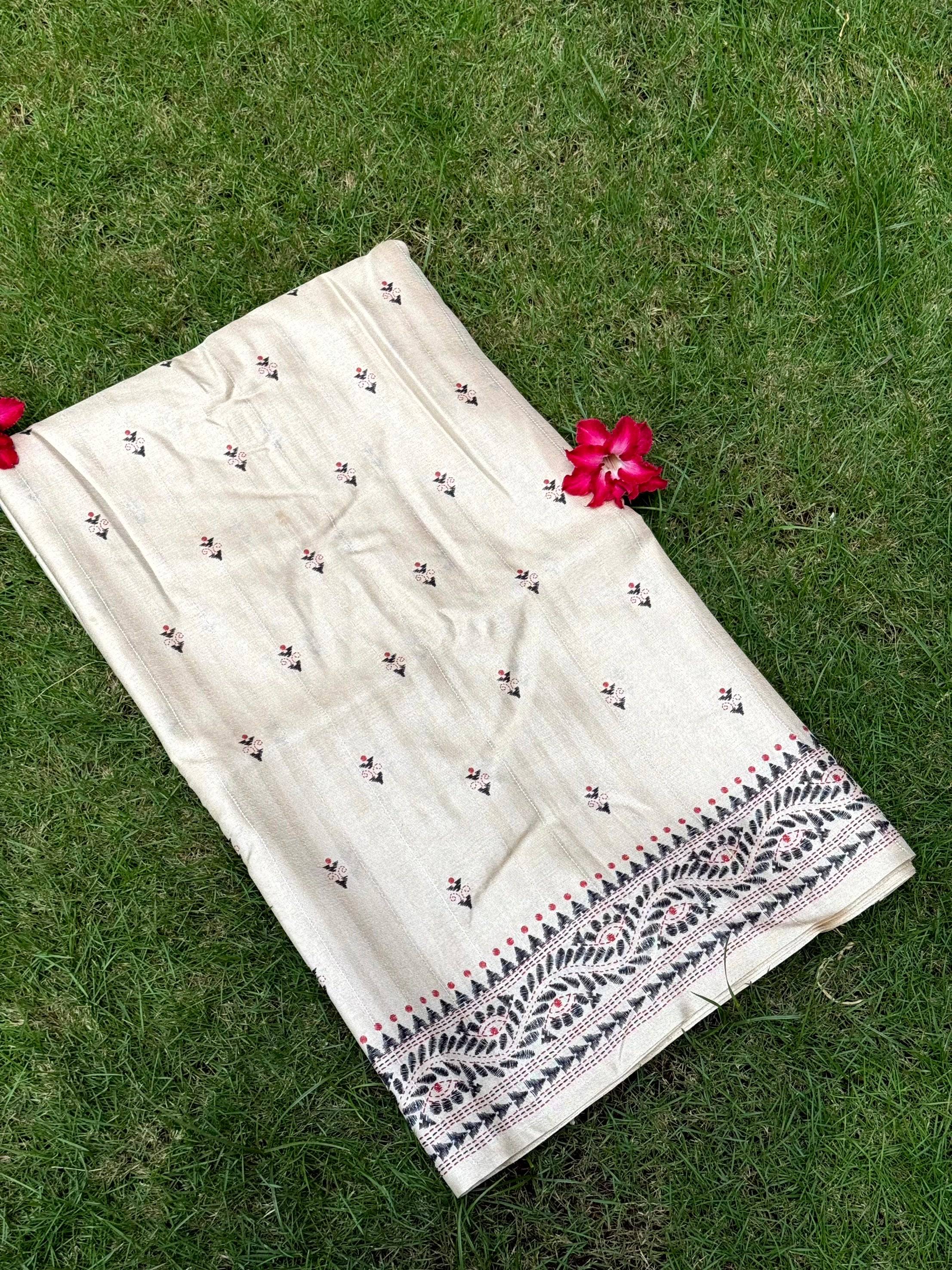 Cream Tussar Silk Madhubani Print Saree