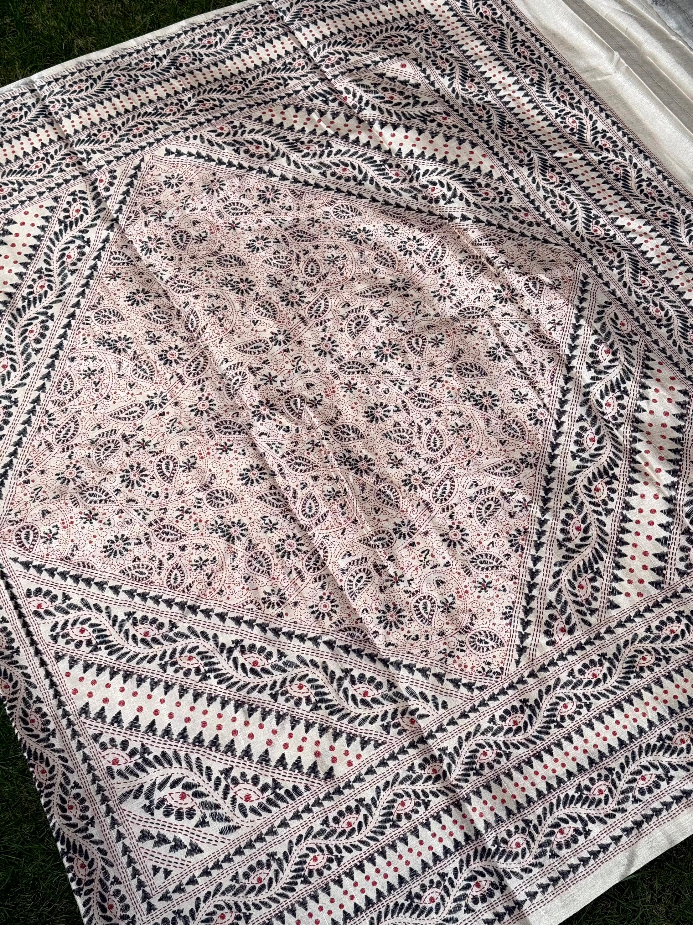 Cream Tussar Silk Madhubani Print Saree