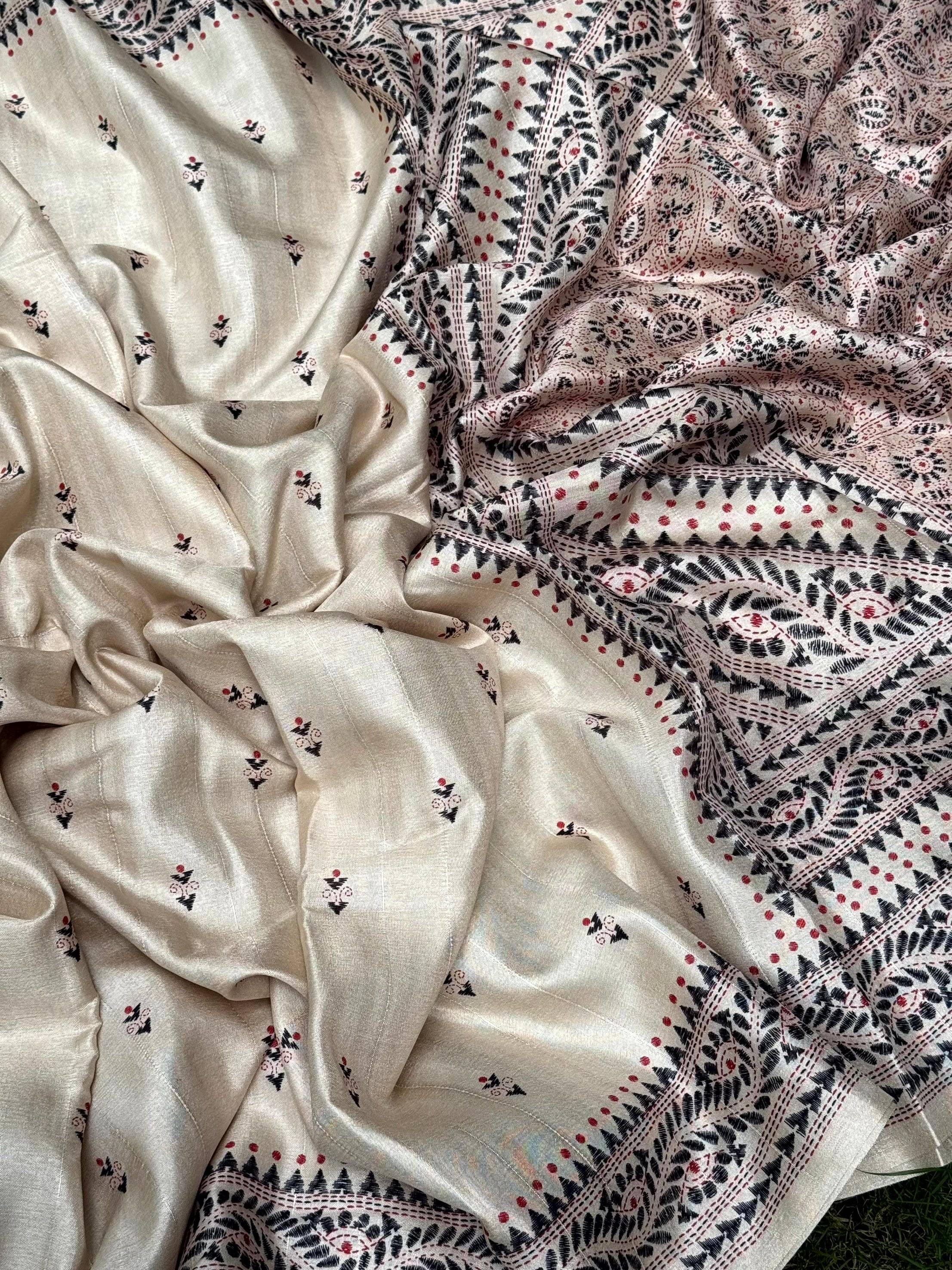 Cream Tussar Silk Madhubani Print Saree