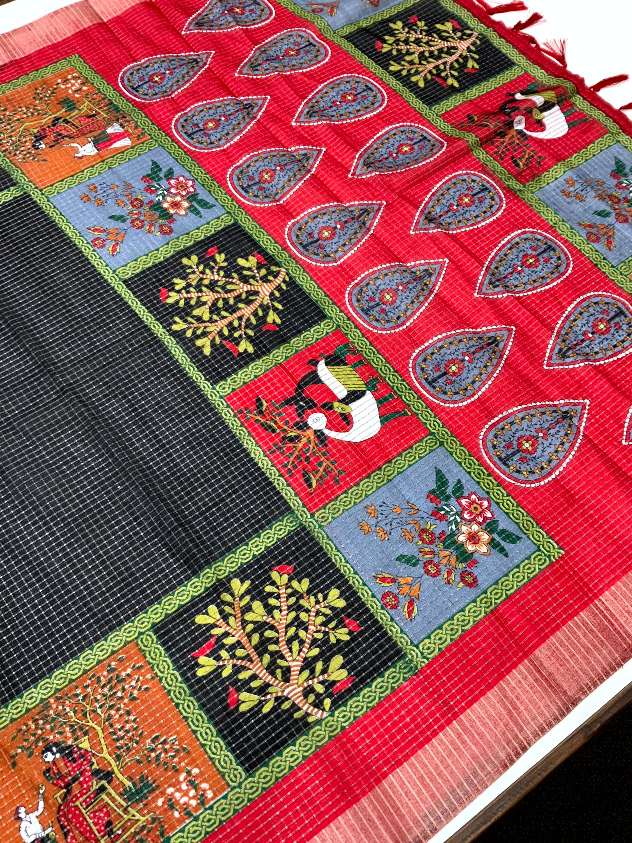 Black Tussar Kalalmkari Print Saree