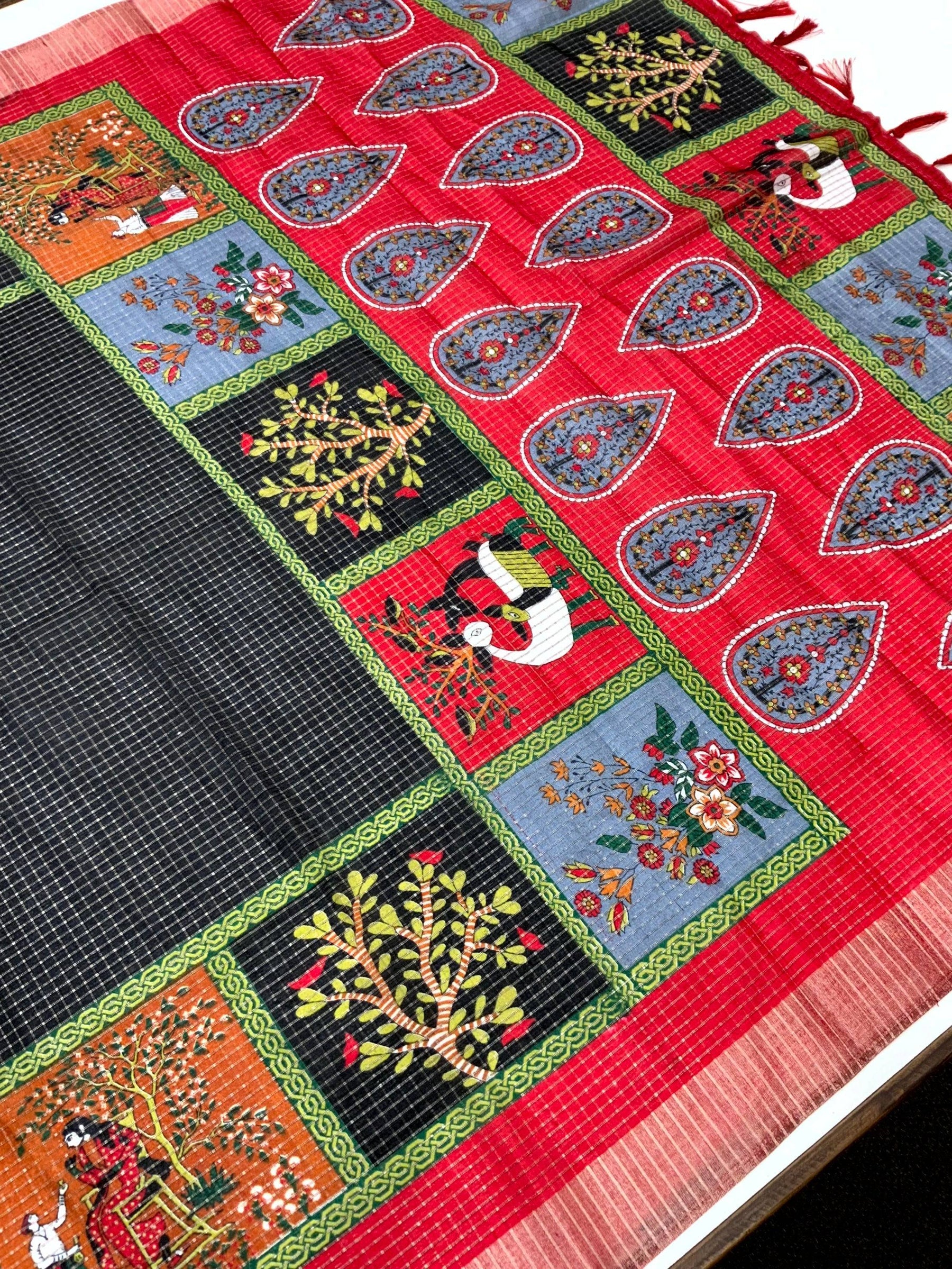 Black Tussar Kalalmkari Print Saree