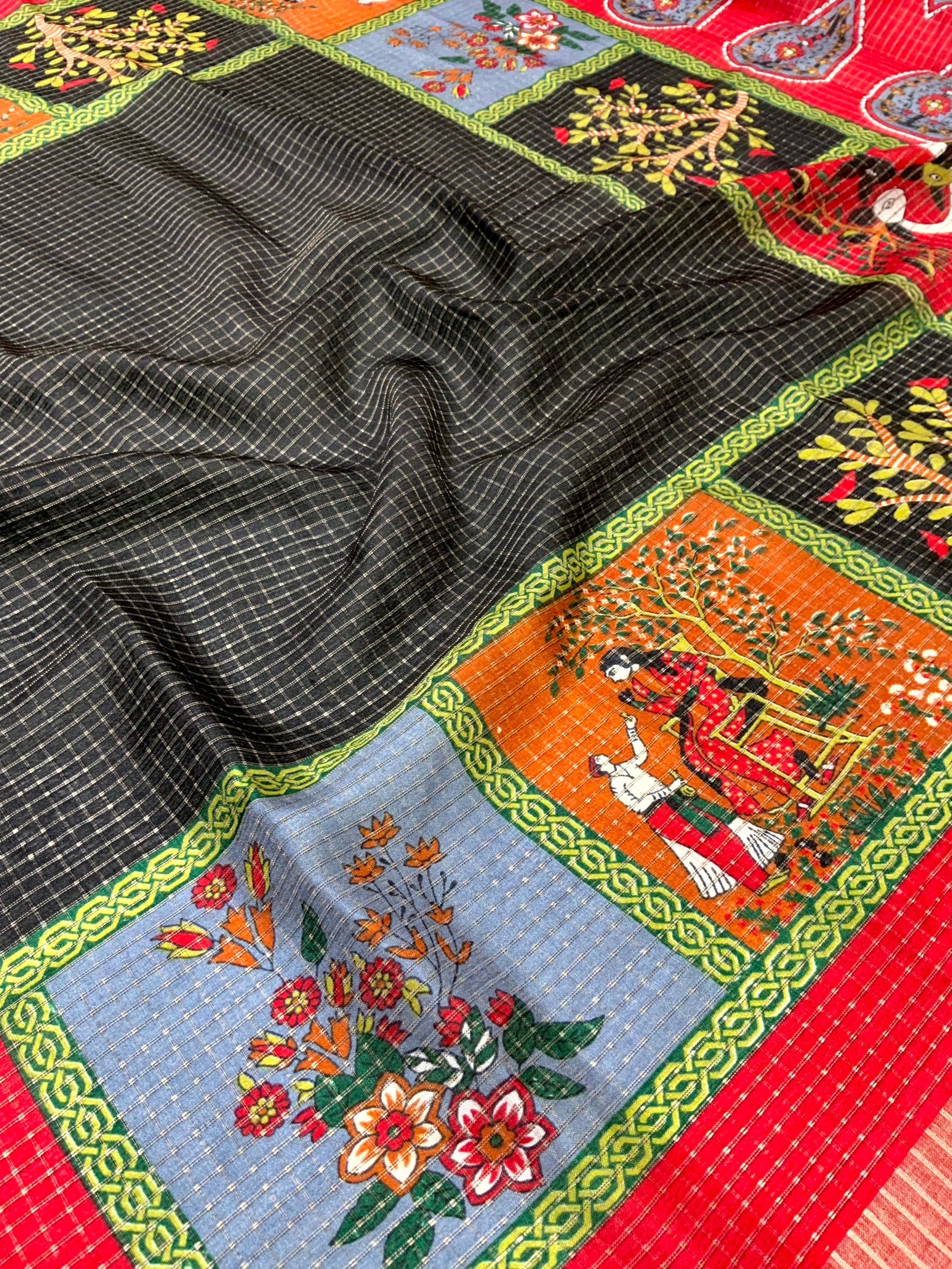 Black Tussar Kalalmkari Print Saree