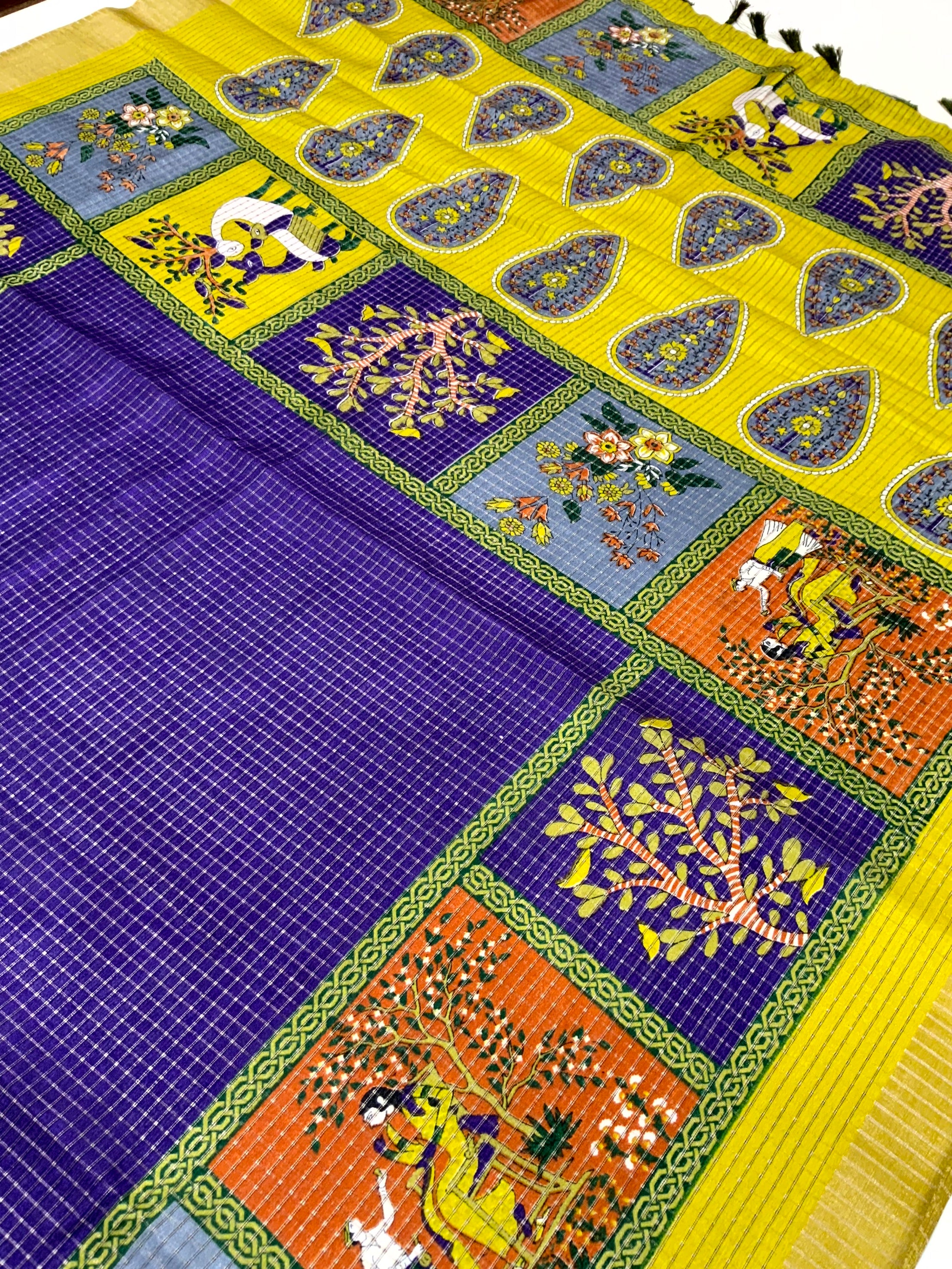Royal Blue Tussar Kalalmkari Print Saree