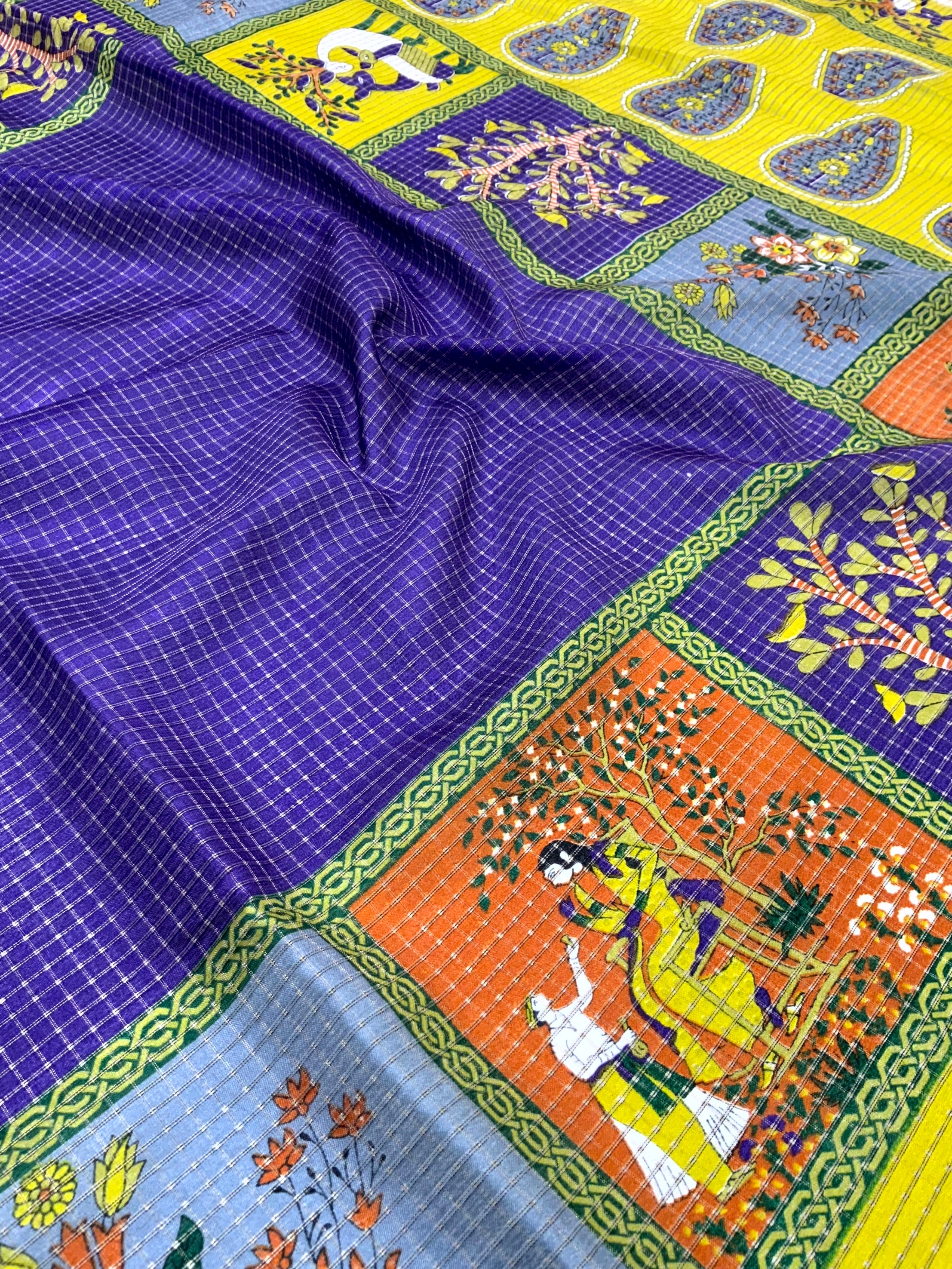 Royal Blue Tussar Kalalmkari Print Saree