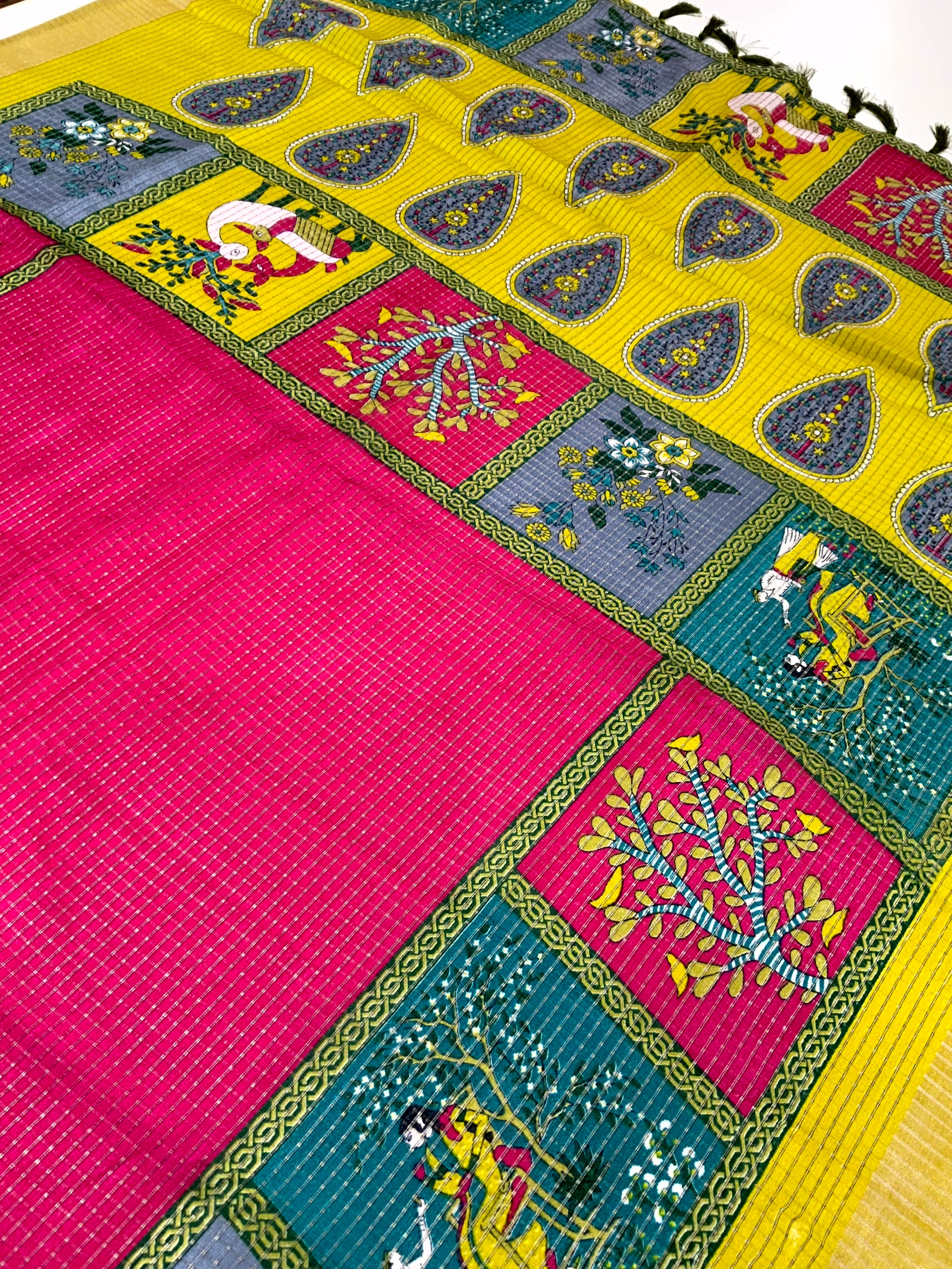 Magenta Tussar Kalalmkari Print Saree