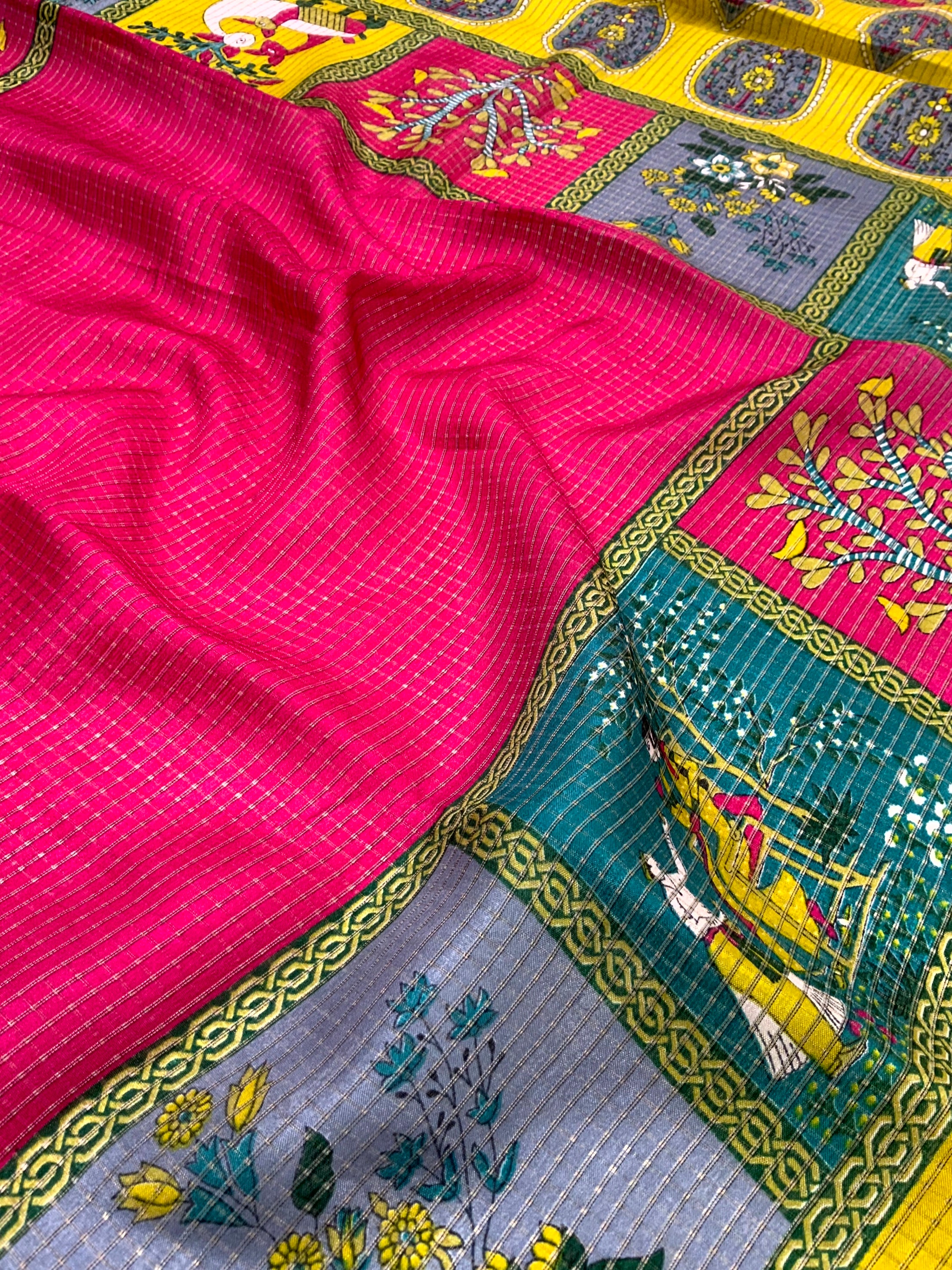 Magenta Tussar Kalalmkari Print Saree