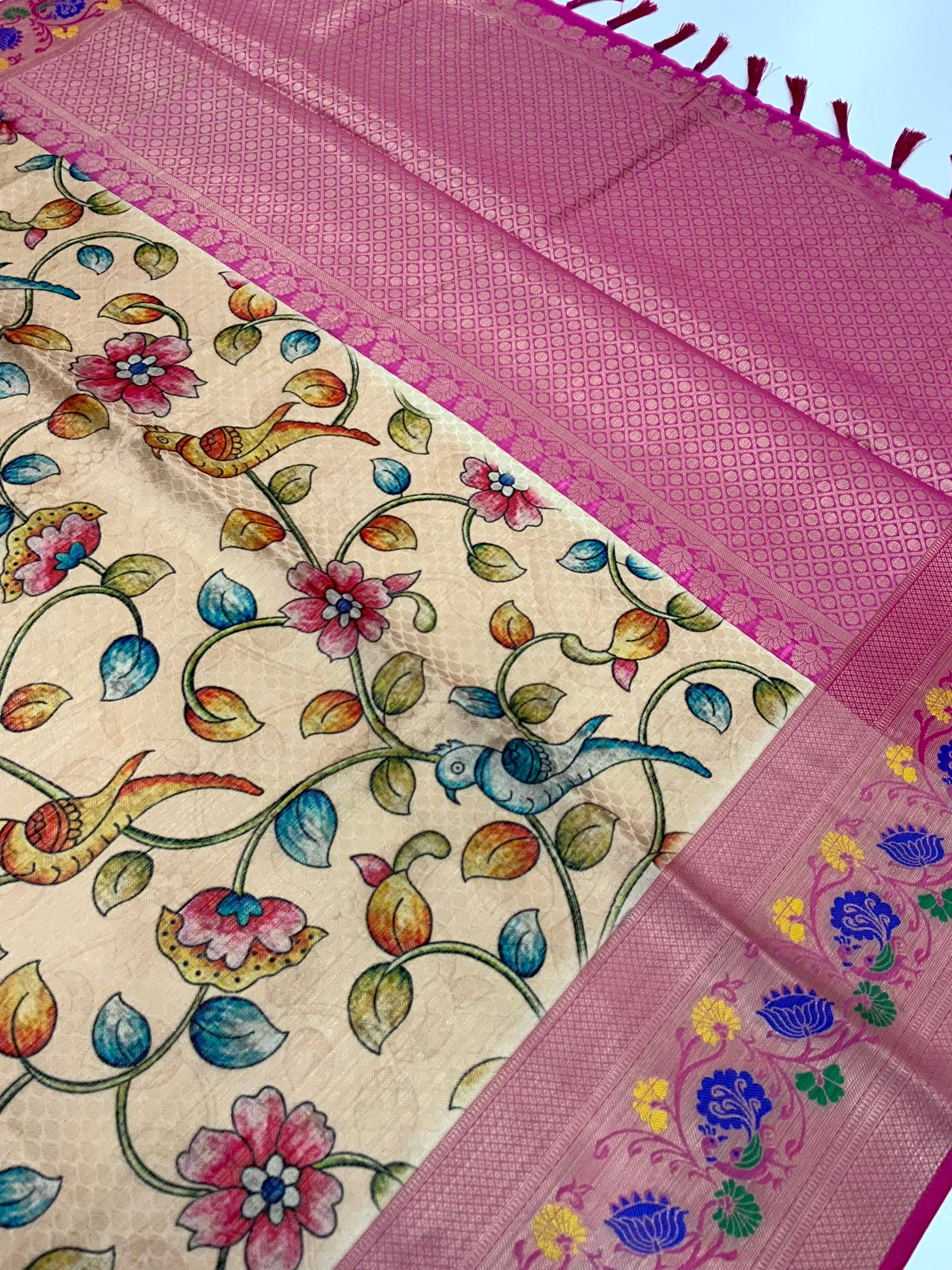 Beige Kalamkari Printed Kora Muslin Saree