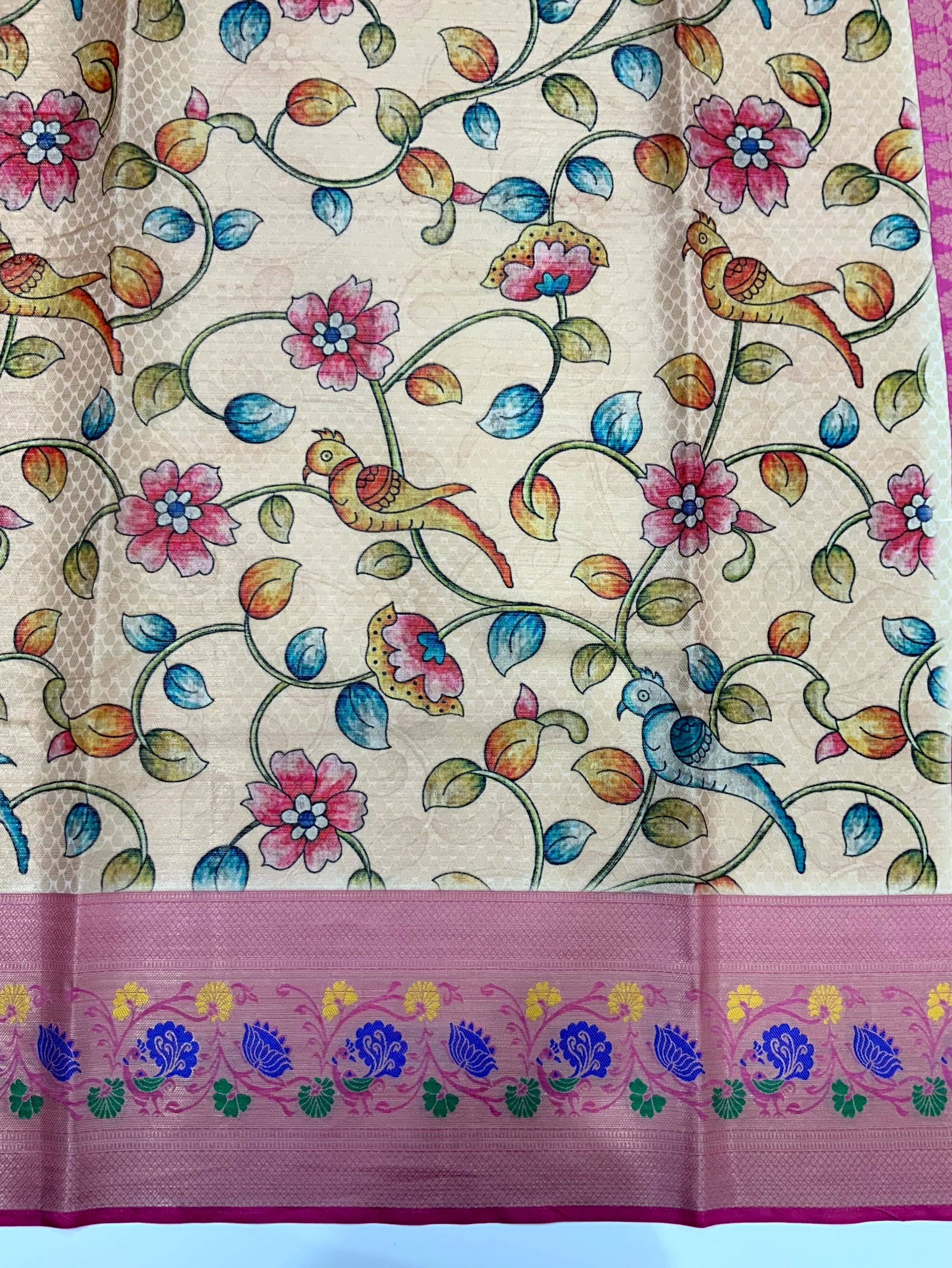 Beige Kalamkari Printed Kora Muslin Saree