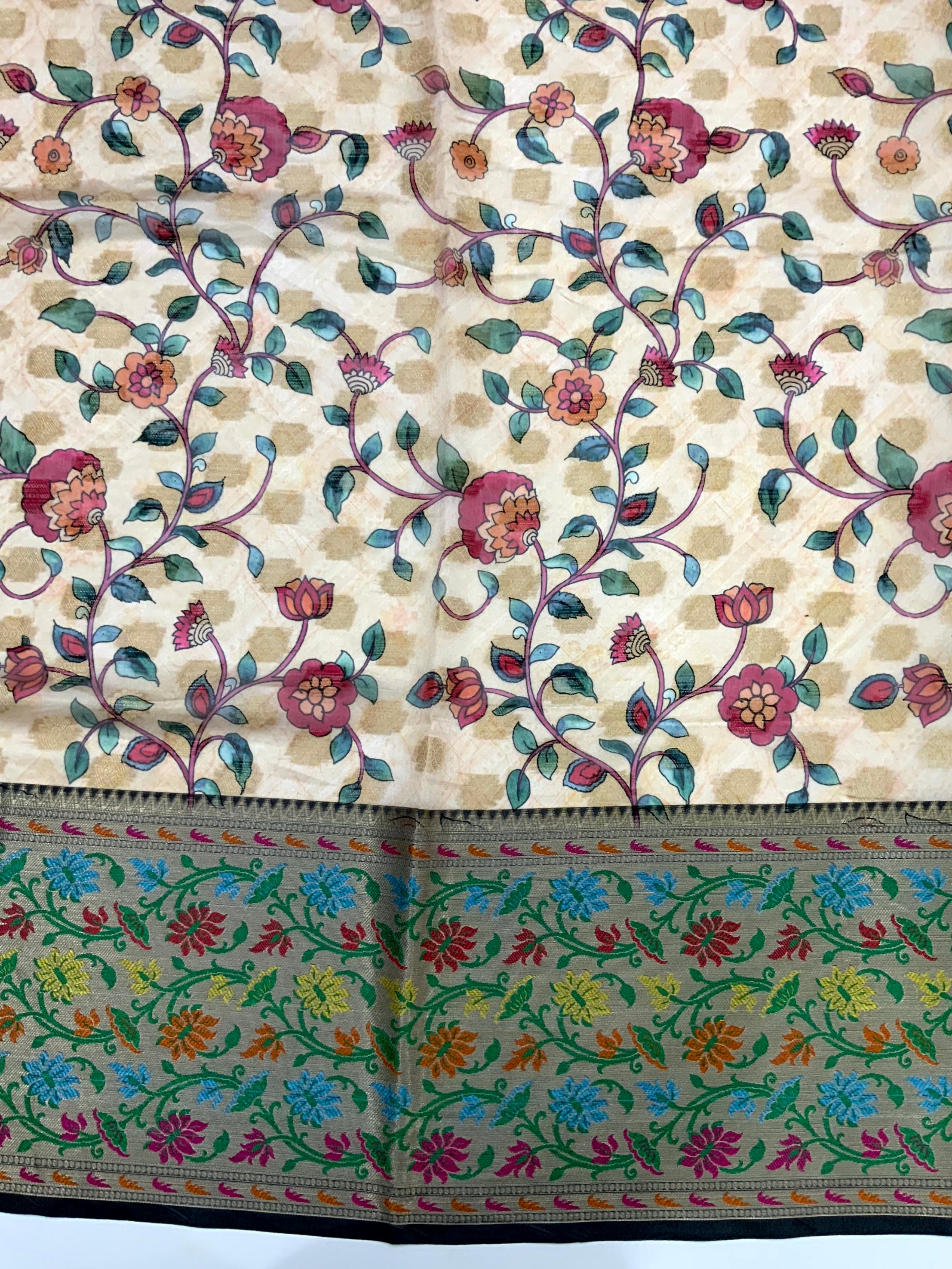 Beige Kalamkari Printed Kora Tissue Saree