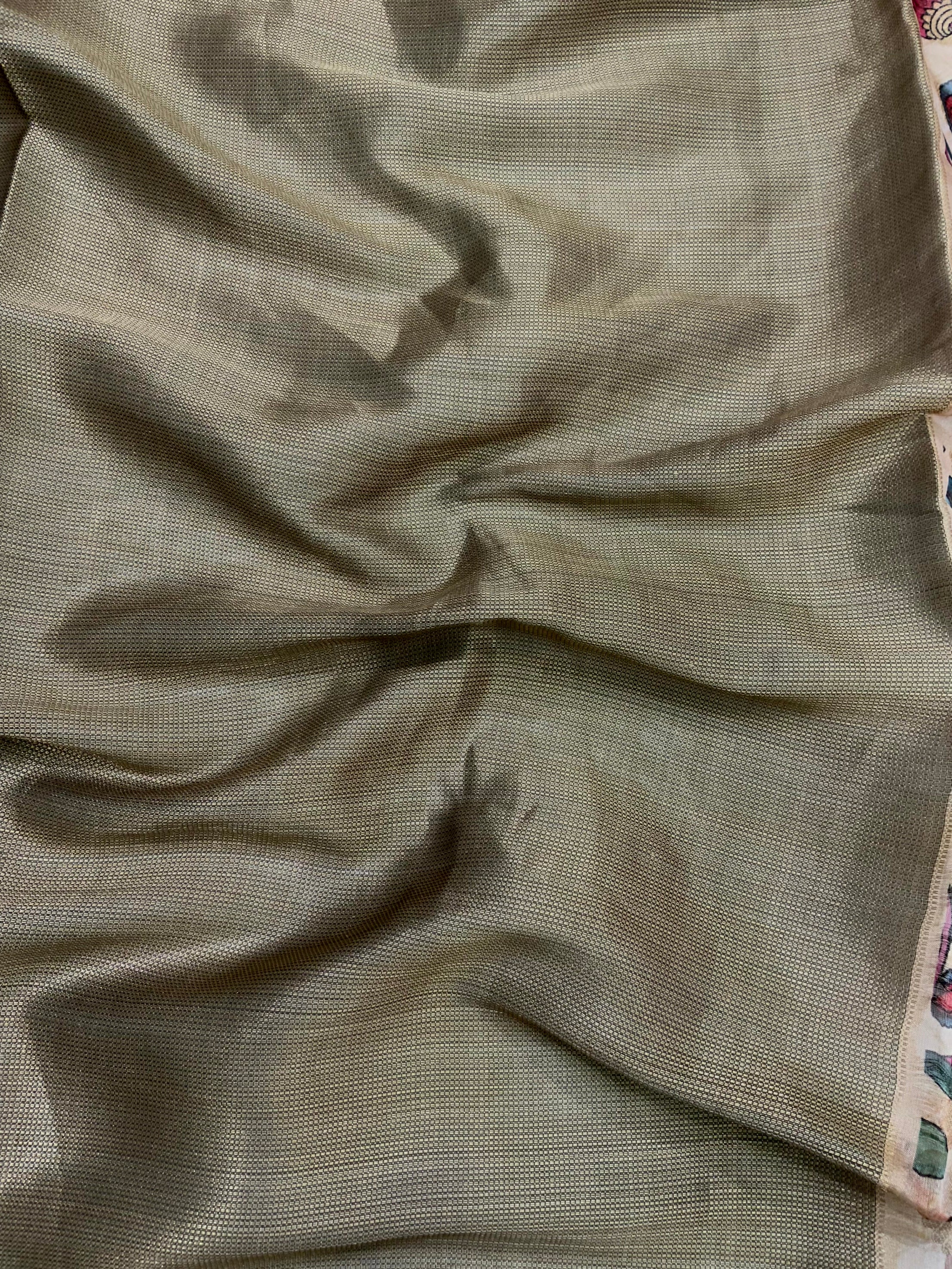Beige Kalamkari Printed Kora Tissue Saree