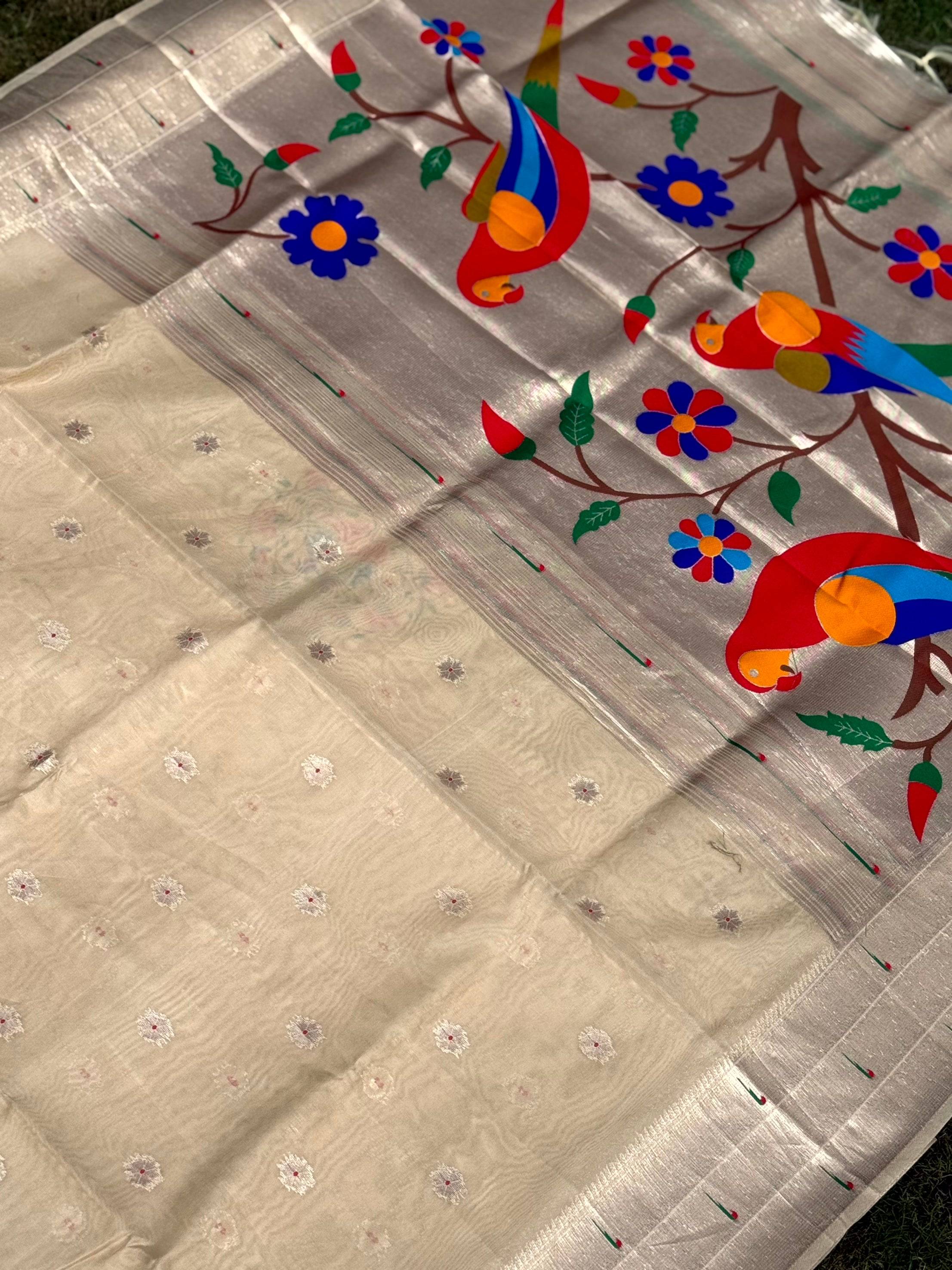Cream Minakari Weave Soft Organza Paithani Saree