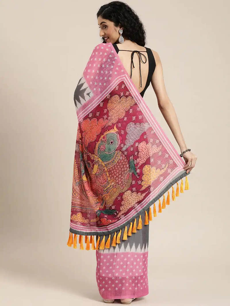 Grey Linen Blend Ikat & Kalamkari Print Saree