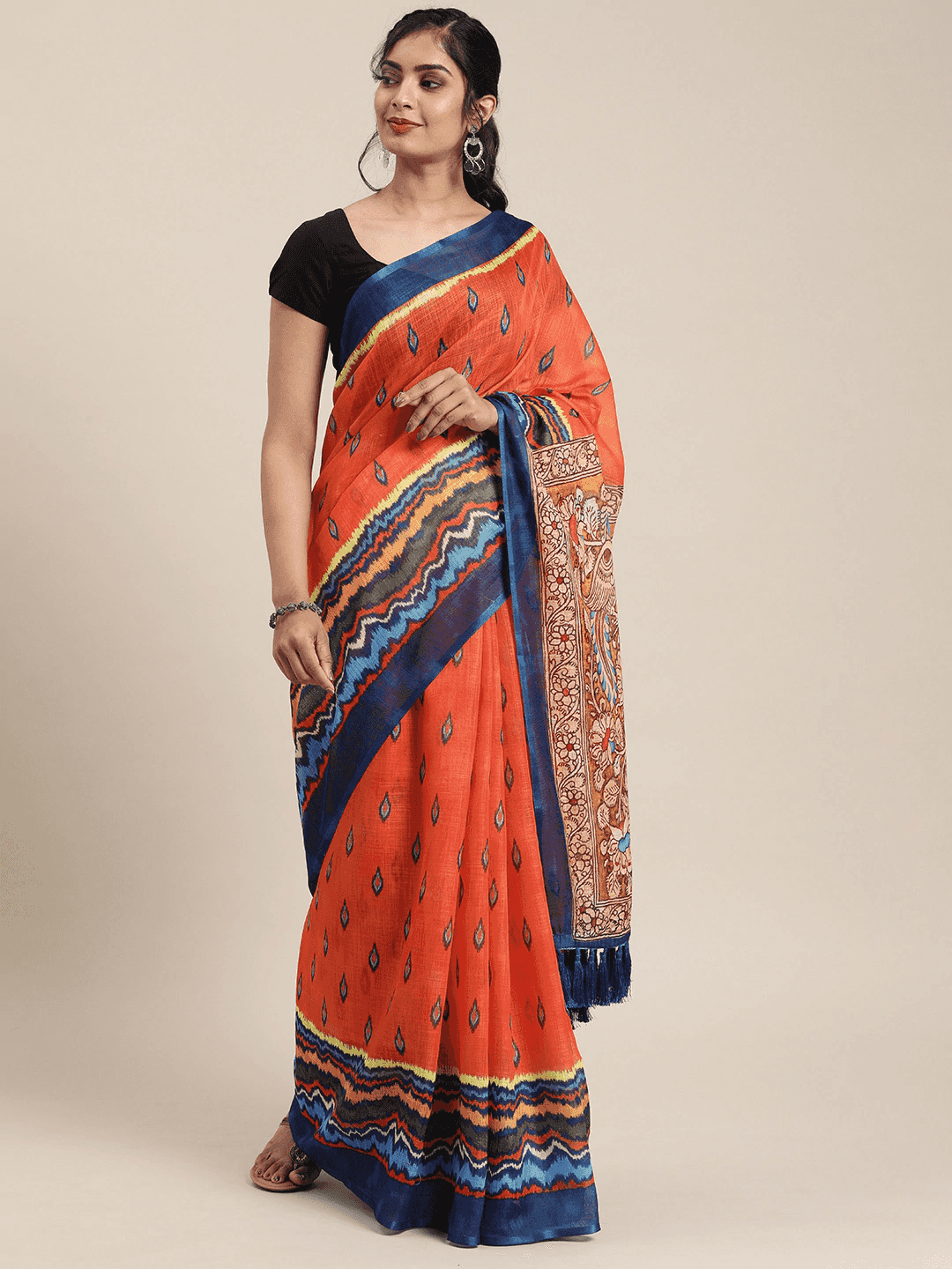 Orange & Blue Linen Blend Printed Ikat Saree