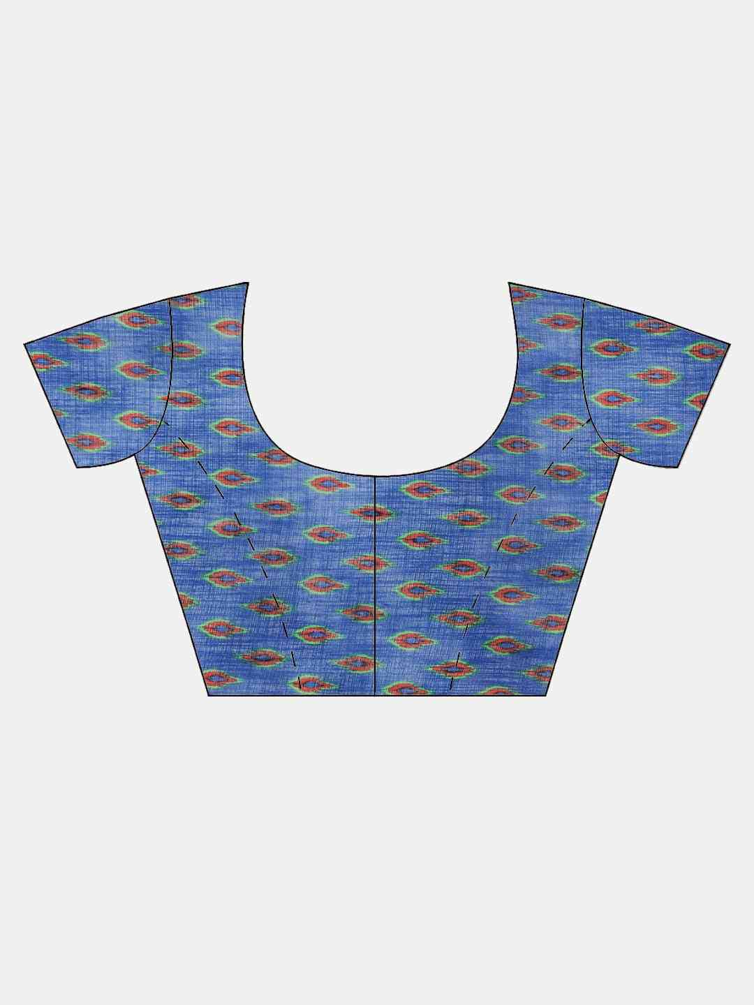 Orange & Blue Linen Blend Printed Ikat Saree