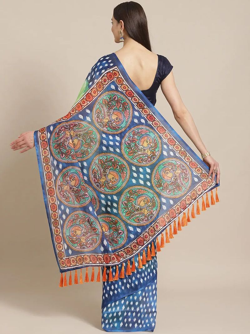 Lime Colour Soft Linen Ikkat Digital Print Saree With Kalamkari Pallu