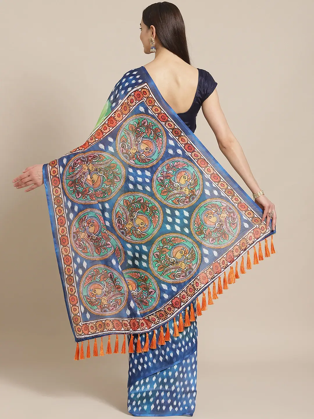 Buy Soft Linen Ikkat Kalamkari Digital Print Saree