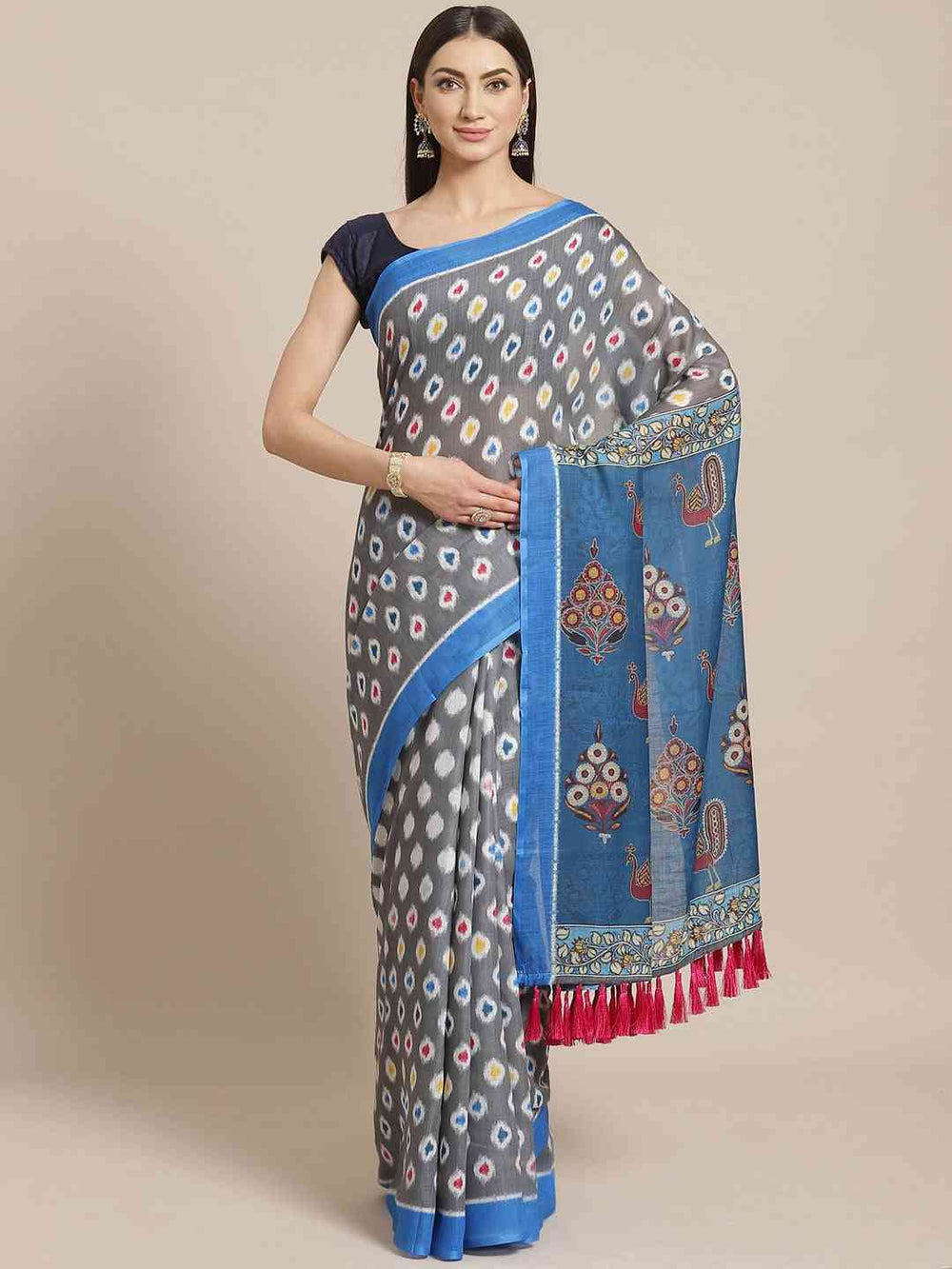 Buy Soft Linen Ikkat Kalamkari Digital Print Saree