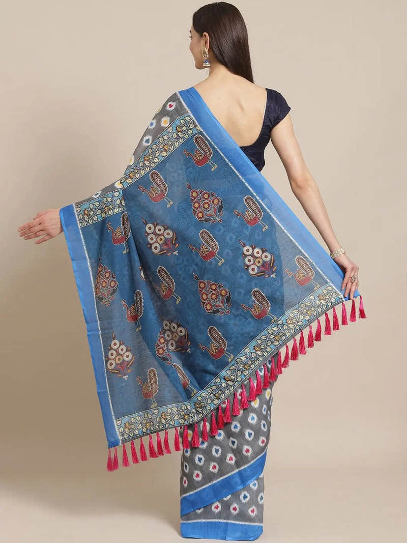 Grey Colour Soft Linen Ikkat Saree With Kalamkari Digital Print