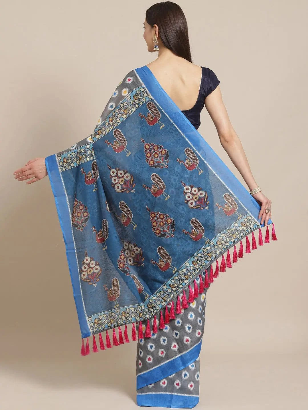 Buy Soft Linen Ikkat Kalamkari Digital Print Saree