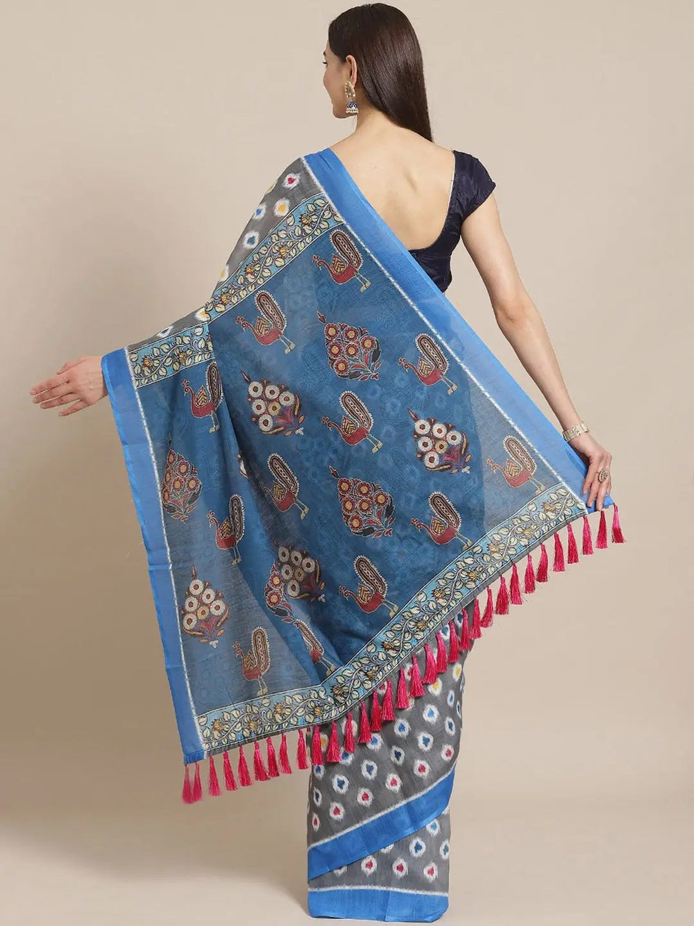 Buy Soft Linen Ikkat Kalamkari Digital Print Saree
