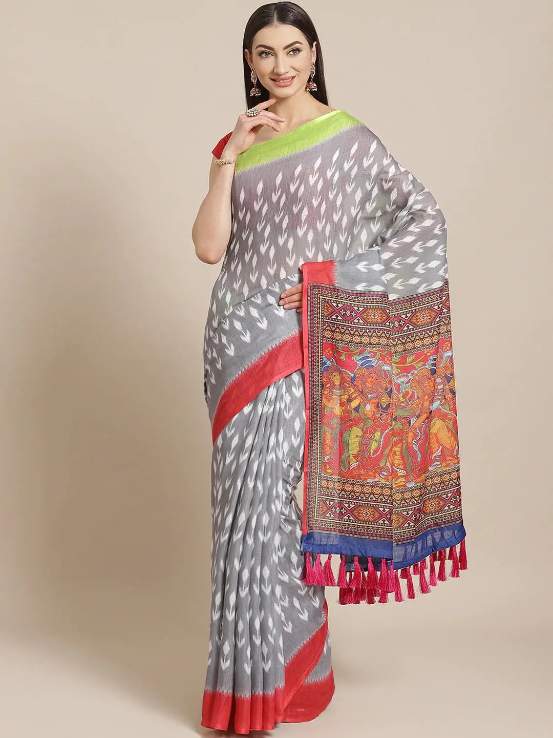 Buy Soft Linen Ikkat Kalamkari Digital Print Saree
