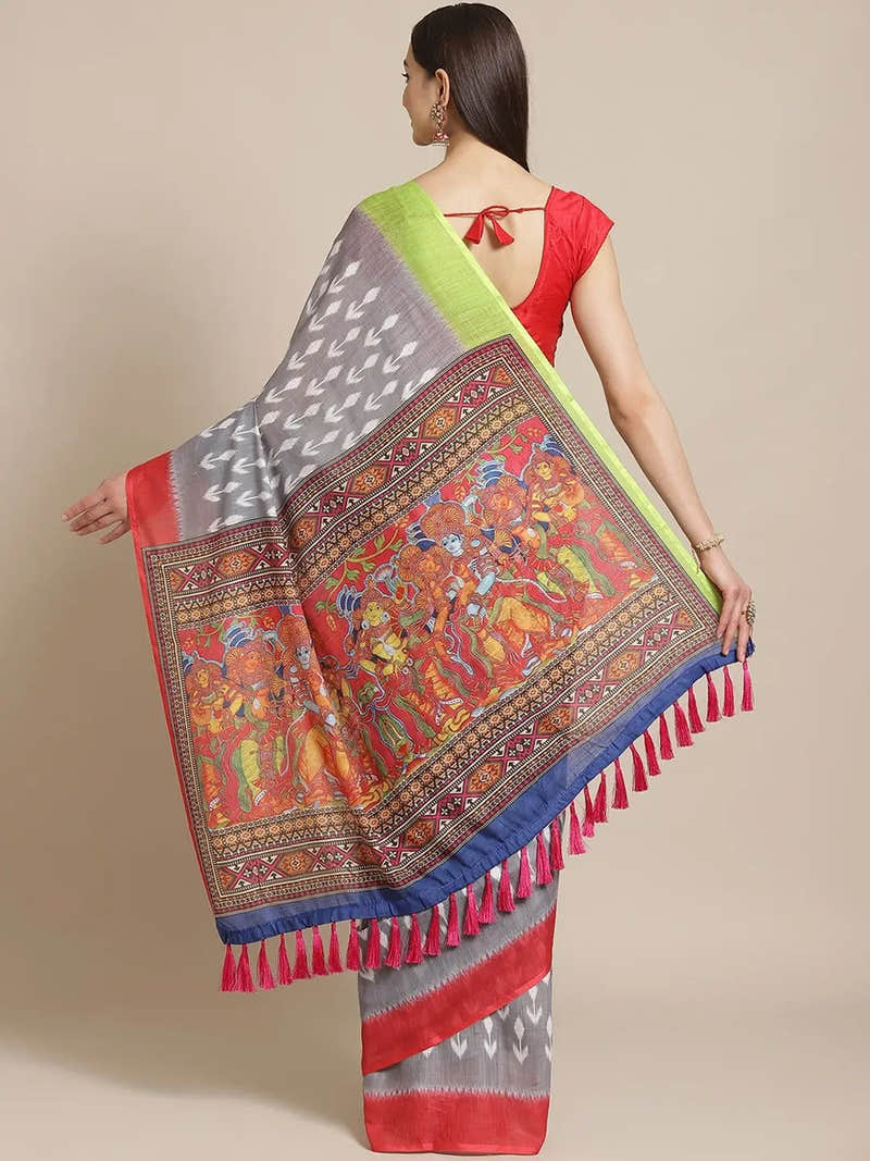 Grey Colour Soft Linen Ikkat Digital Print Saree With Kalamkari Pallu