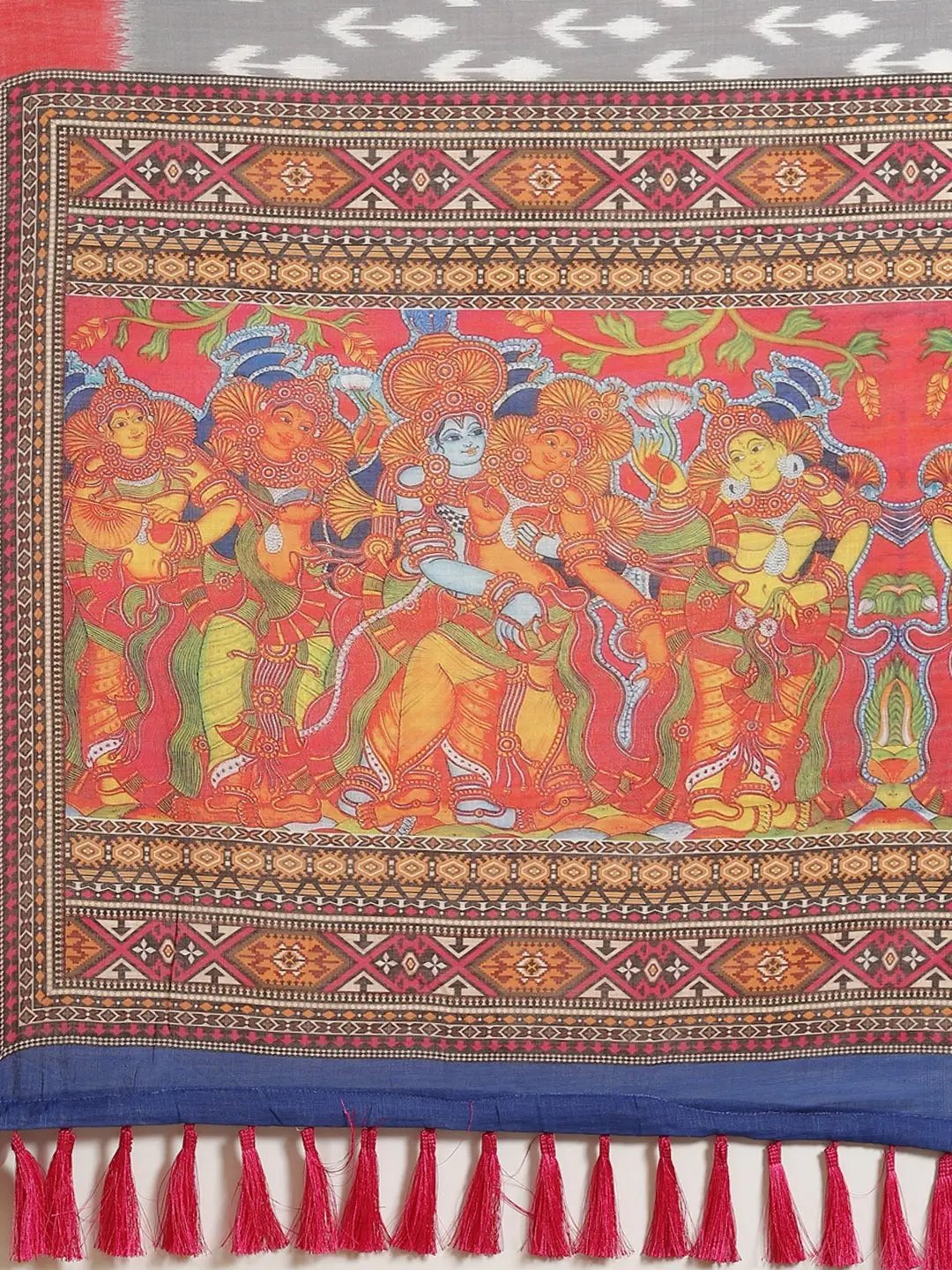 Buy Soft Linen Ikkat Kalamkari Digital Print Saree