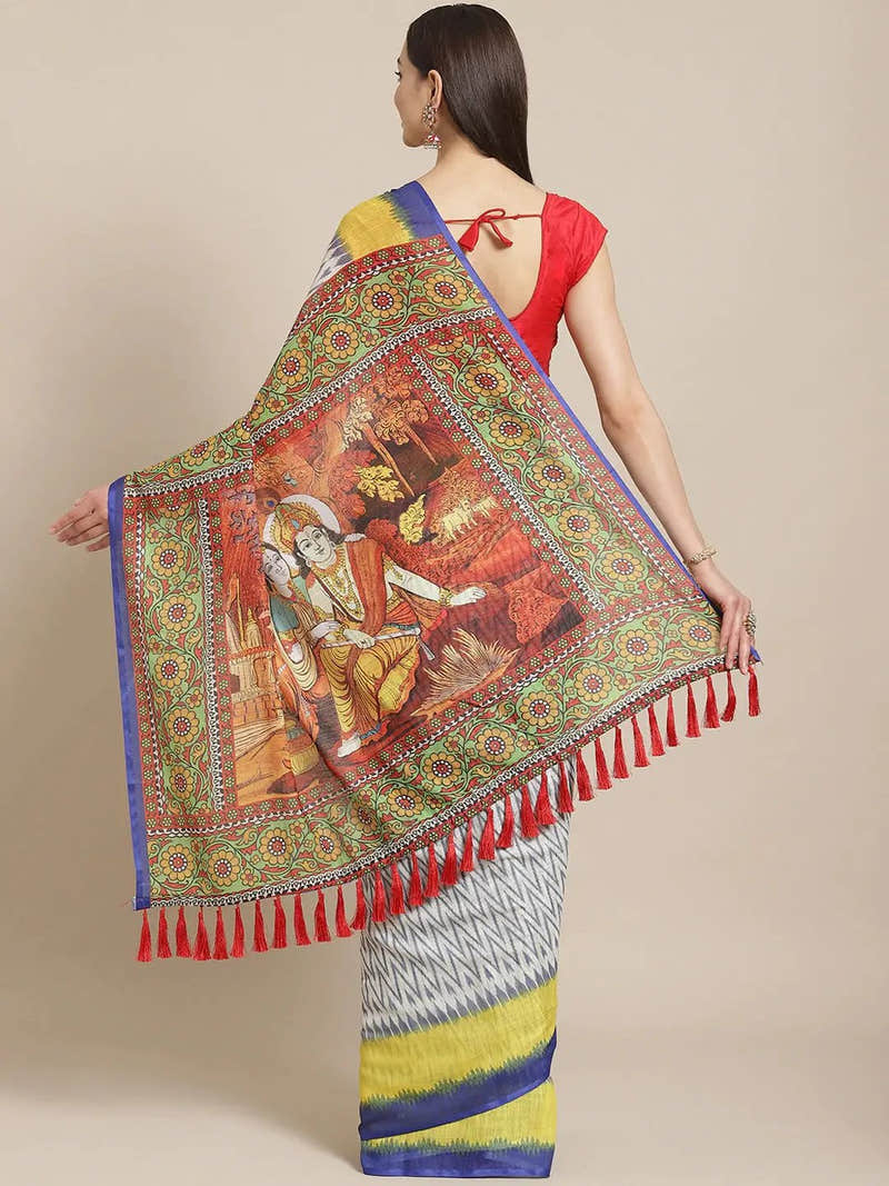 Soft Linen Ikkat Saree With Kalamkari Digital Print