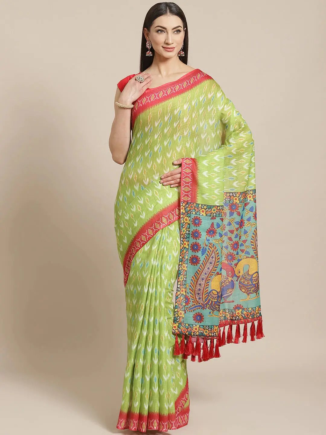 Buy Soft Linen Ikkat Kalamkari Digital Print Saree