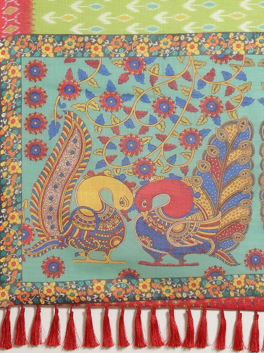 Buy Soft Linen Ikkat Kalamkari Digital Print Saree