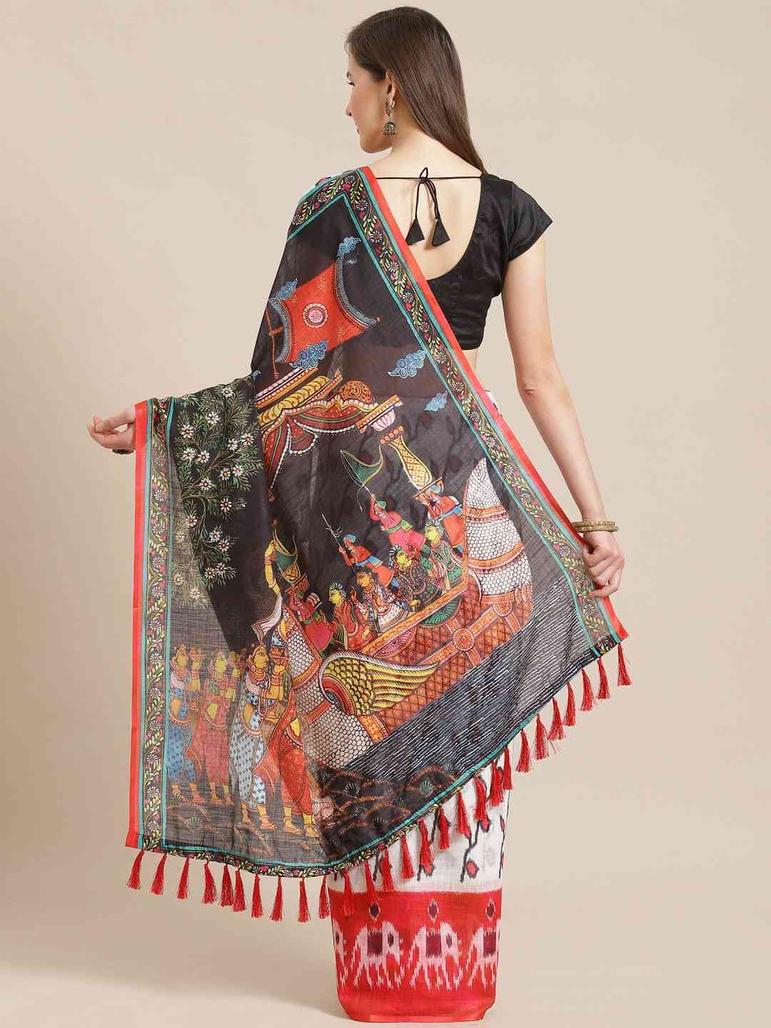 White & Red Colour Printed Ikat Saree